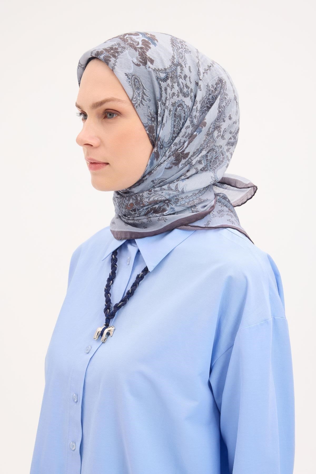 Tencel Monare Eşarp Şal Desen Buz Mavi 90x90