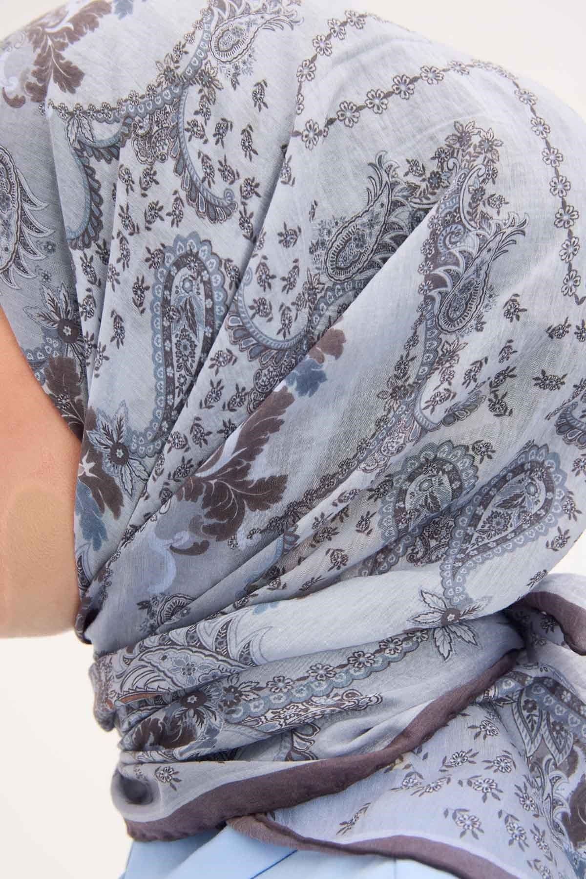 Tencel Monare Eşarp Şal Desen Buz Mavi 90x90