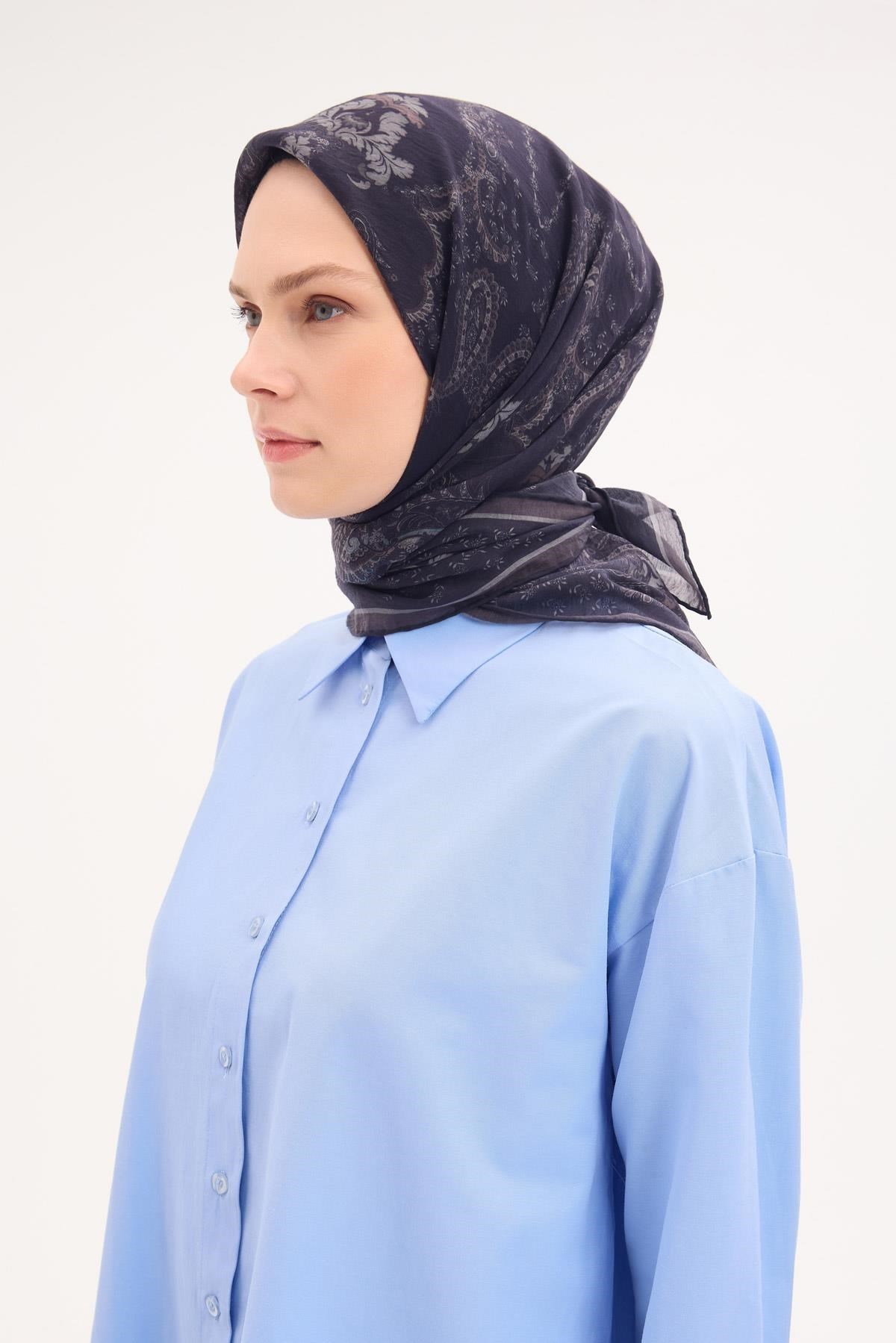 Tencel Monare Eşarp Şal Desen Dumanlı Siyah 90x90