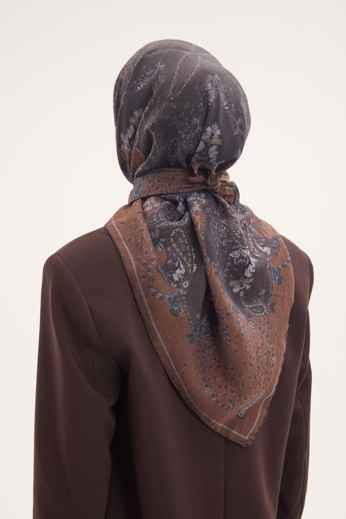 Tencel Monare Eşarp Şal Desen Kahverengi 90x90