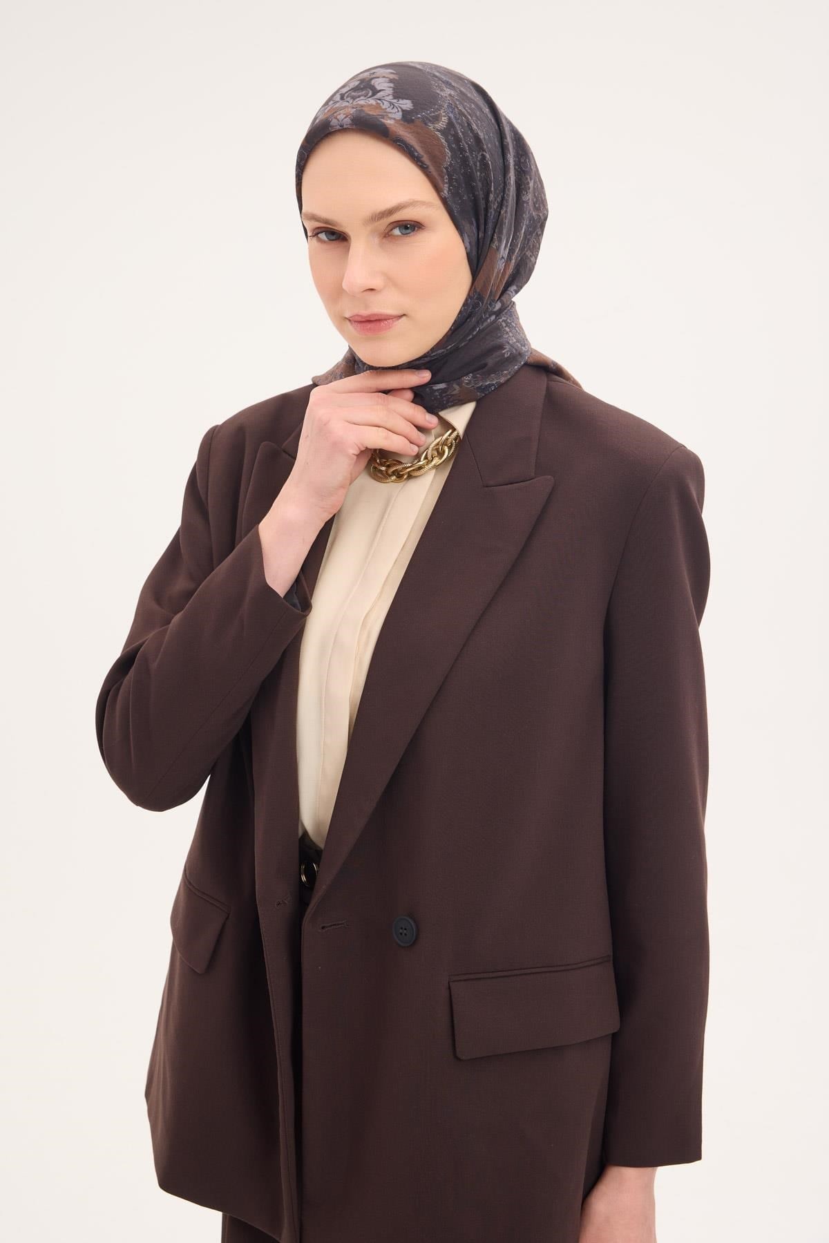 Tencel Monare Eşarp Şal Desen Kahverengi 90x90