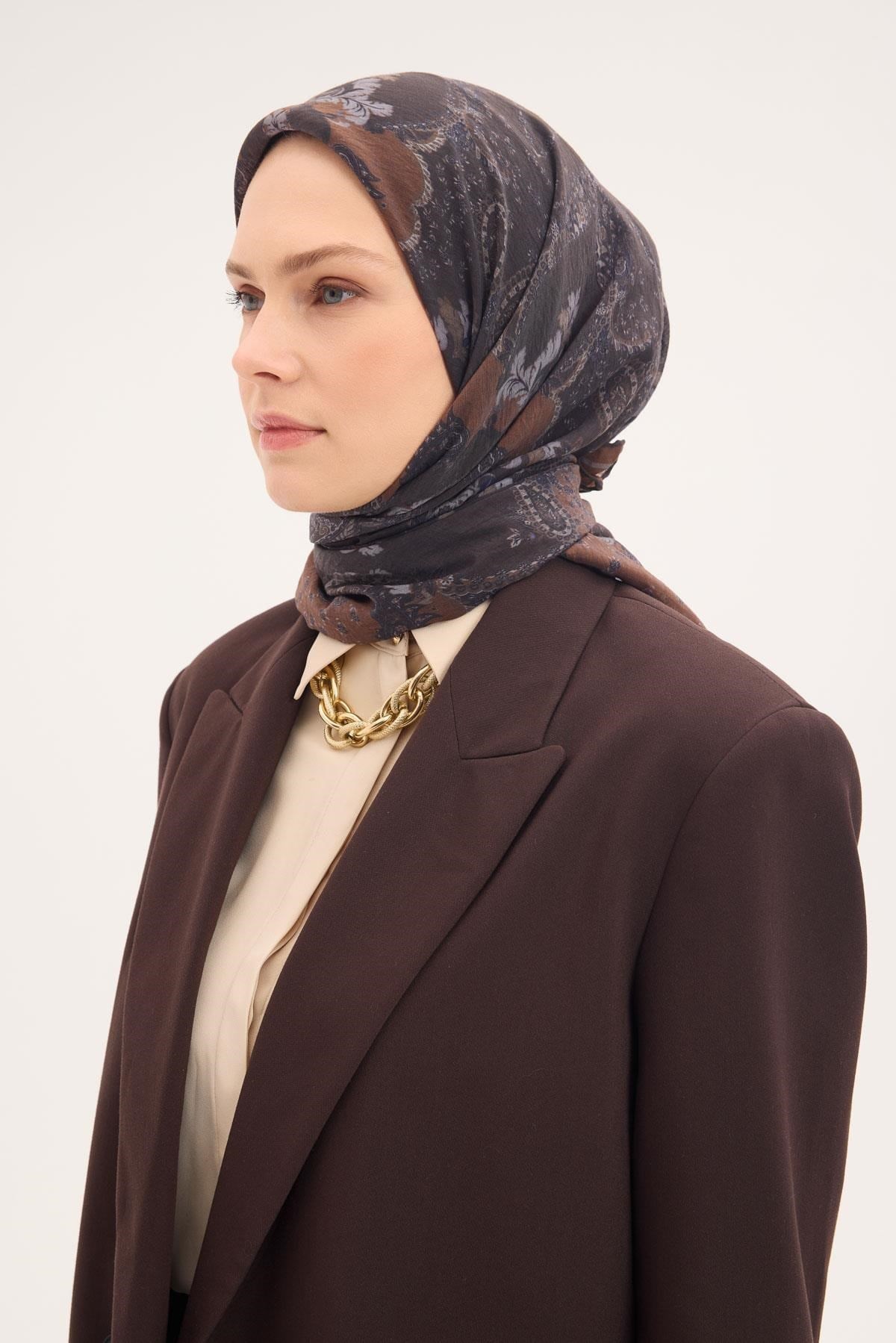 Tencel Monare Eşarp Şal Desen Kahverengi 90x90