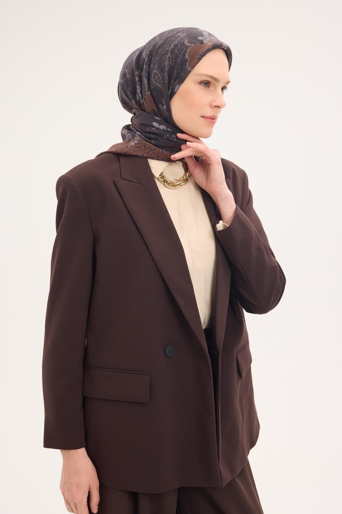 Tencel Monare Eşarp Şal Desen Kahverengi 90x90