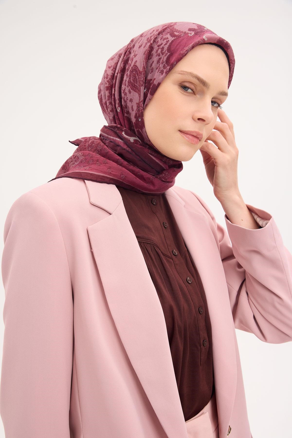 Tencel Monare Eşarp Şal Desen Koyu Fuşya 90x90