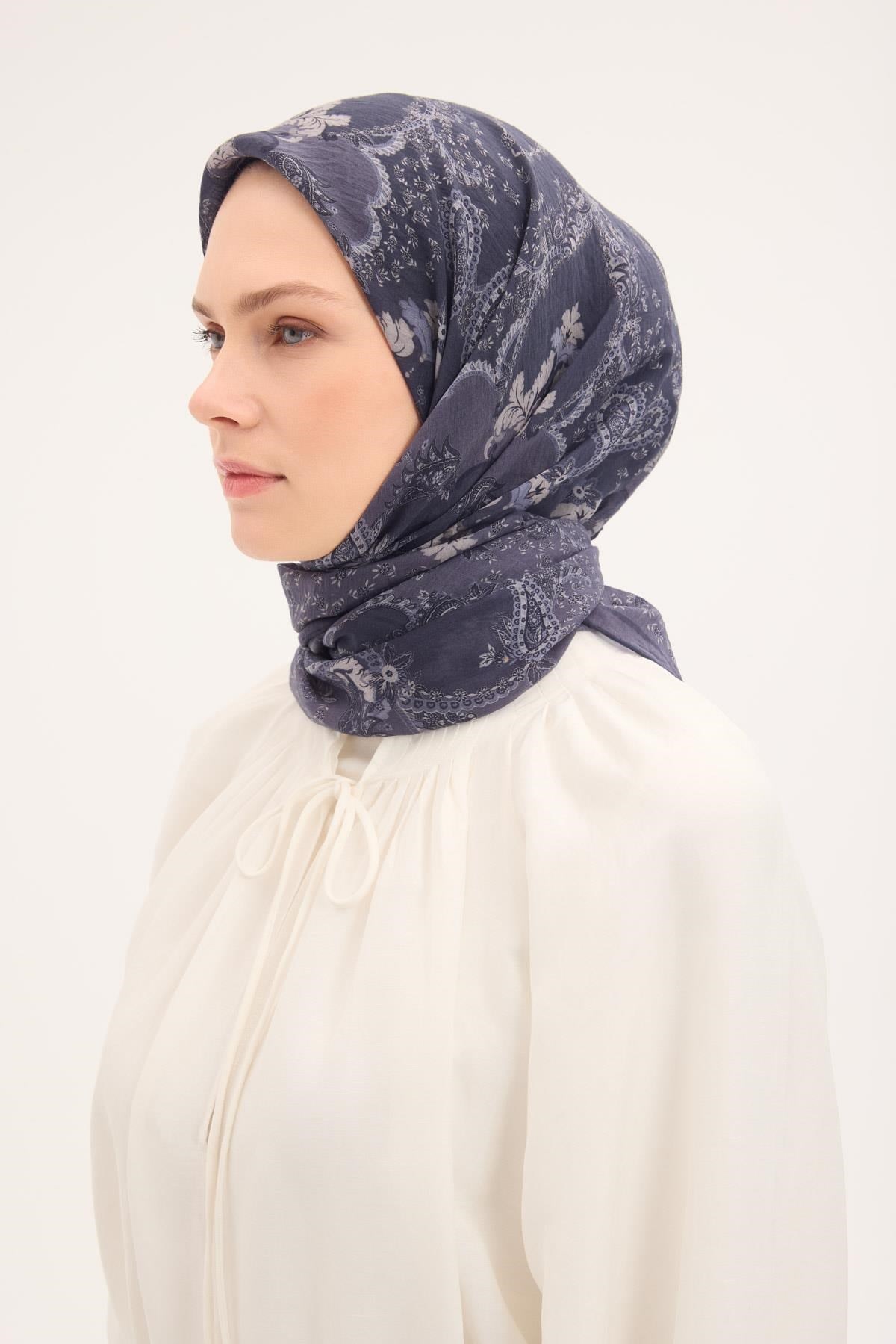 Tencel Monare Eşarp Şal Desen Koyu Indigo 90x90
