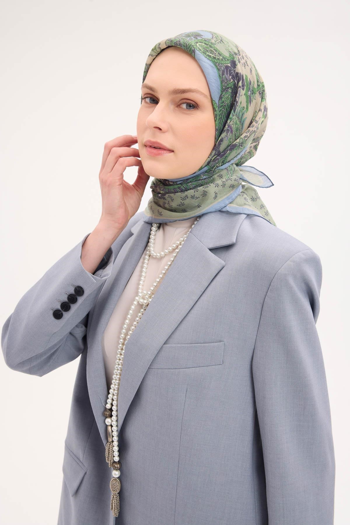 Tencel Monare Eşarp Şal Desen Pastel Yeşil 90x90