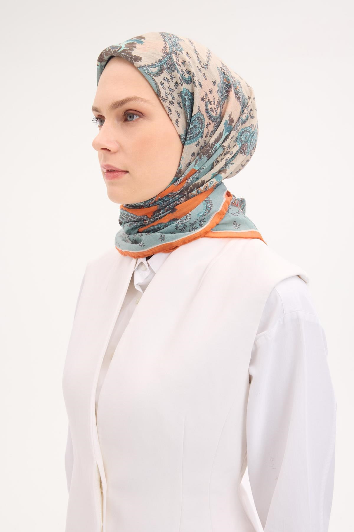 Tencel Monare Eşarp Şal Desen Turuncu 90x90