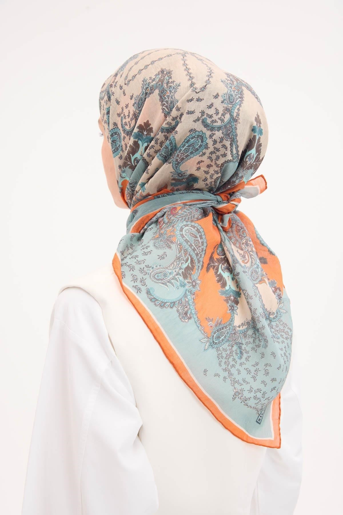 Tencel Monare Eşarp Şal Desen Turuncu 90x90