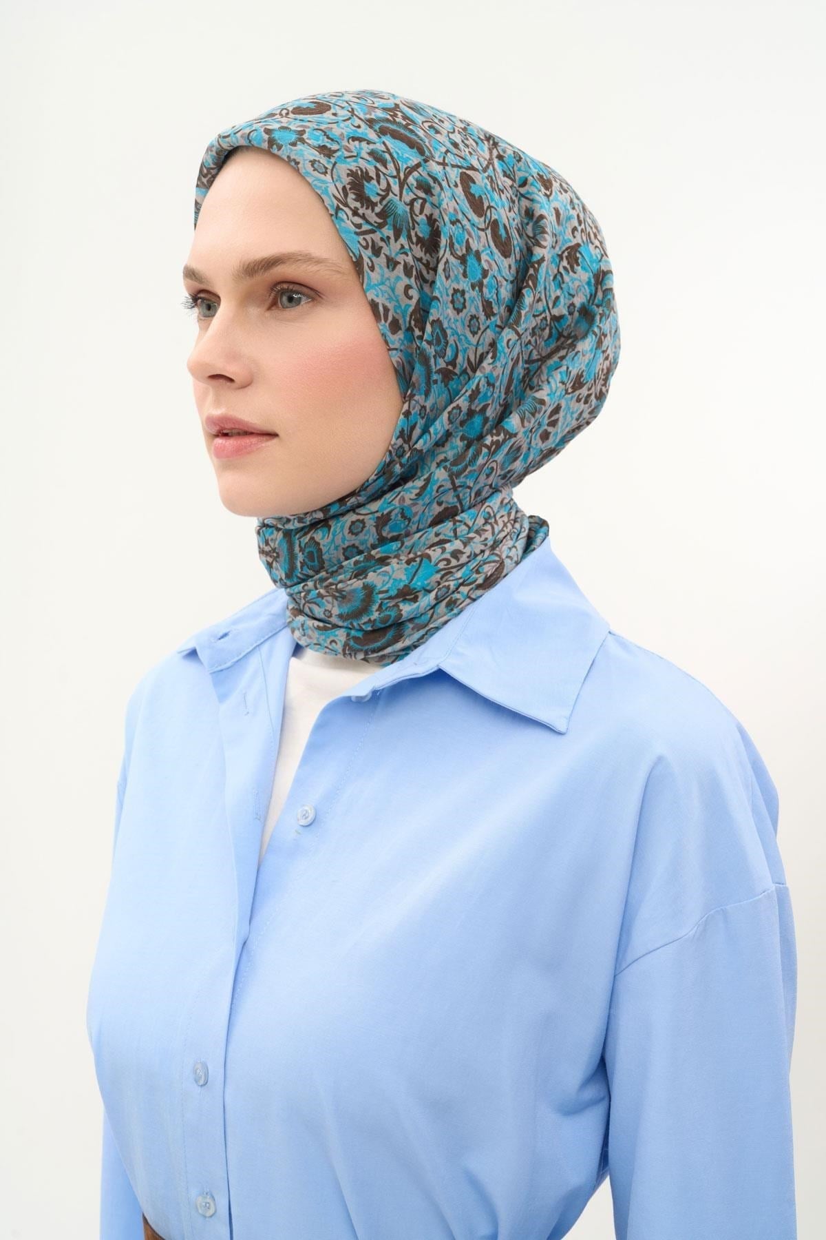 Tencel Monare Eşarp Saray Baharı Desen Gök Mavi 90X90