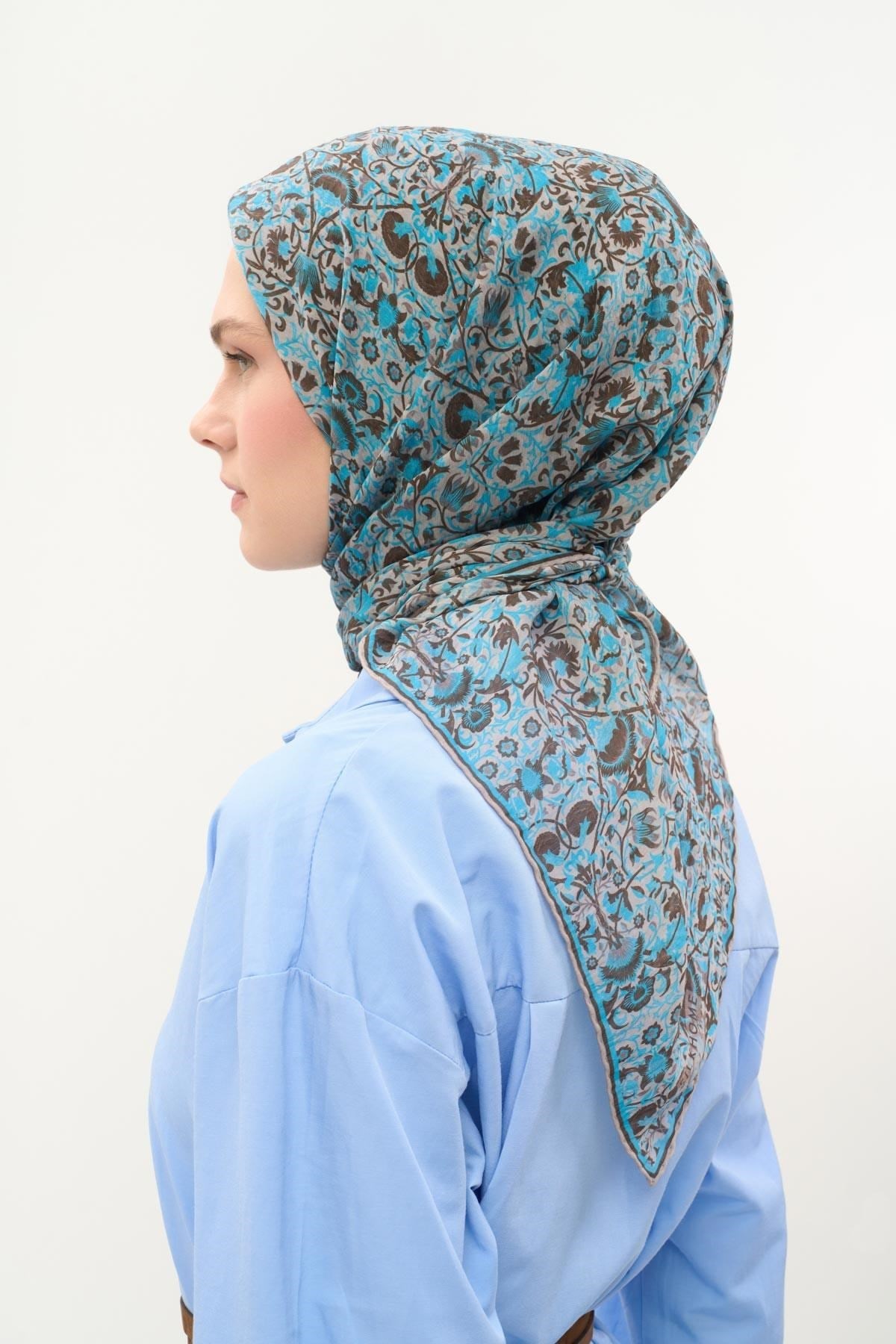 Tencel Monare Eşarp Saray Baharı Desen Gök Mavi 90X90