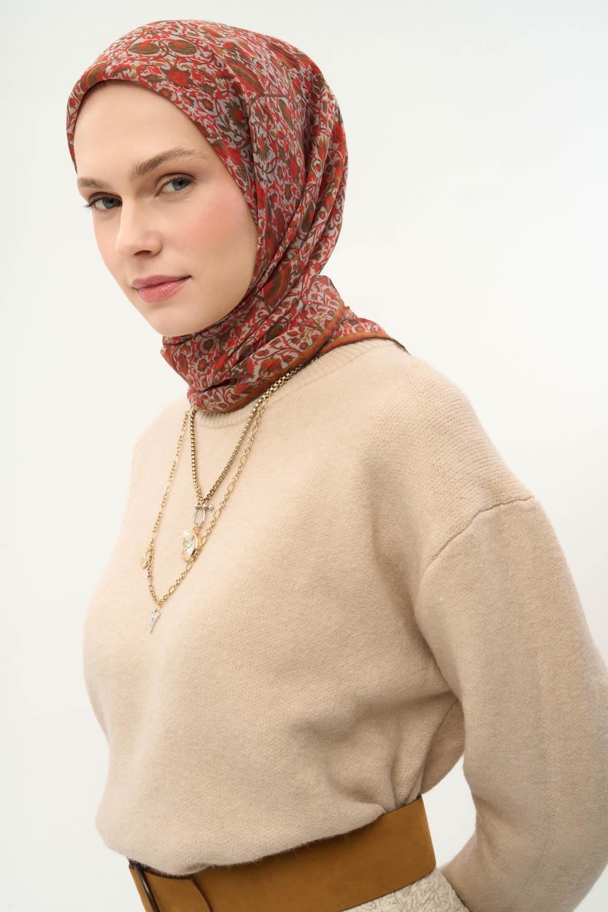 Tencel Monare Eşarp Saray Baharı Desen Gri 90X90