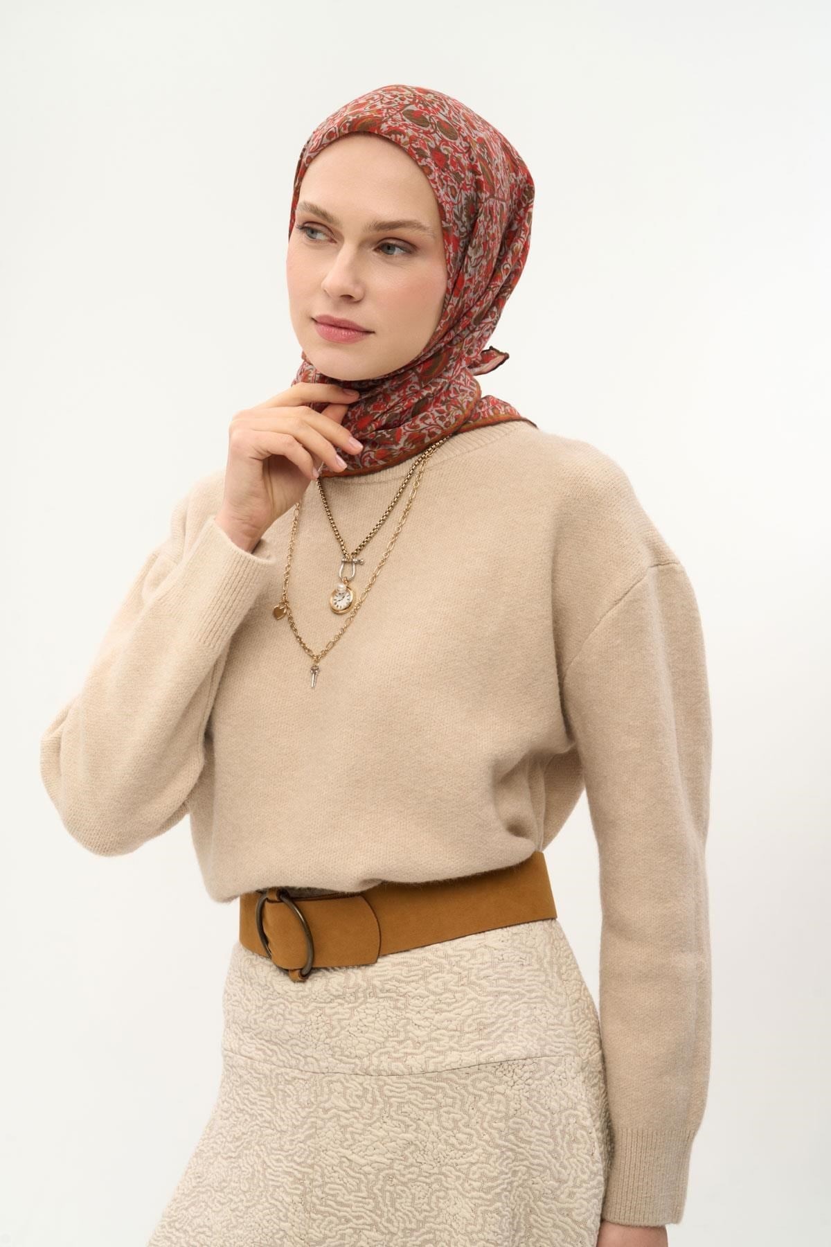 Tencel Monare Eşarp Saray Baharı Desen Gri 90X90