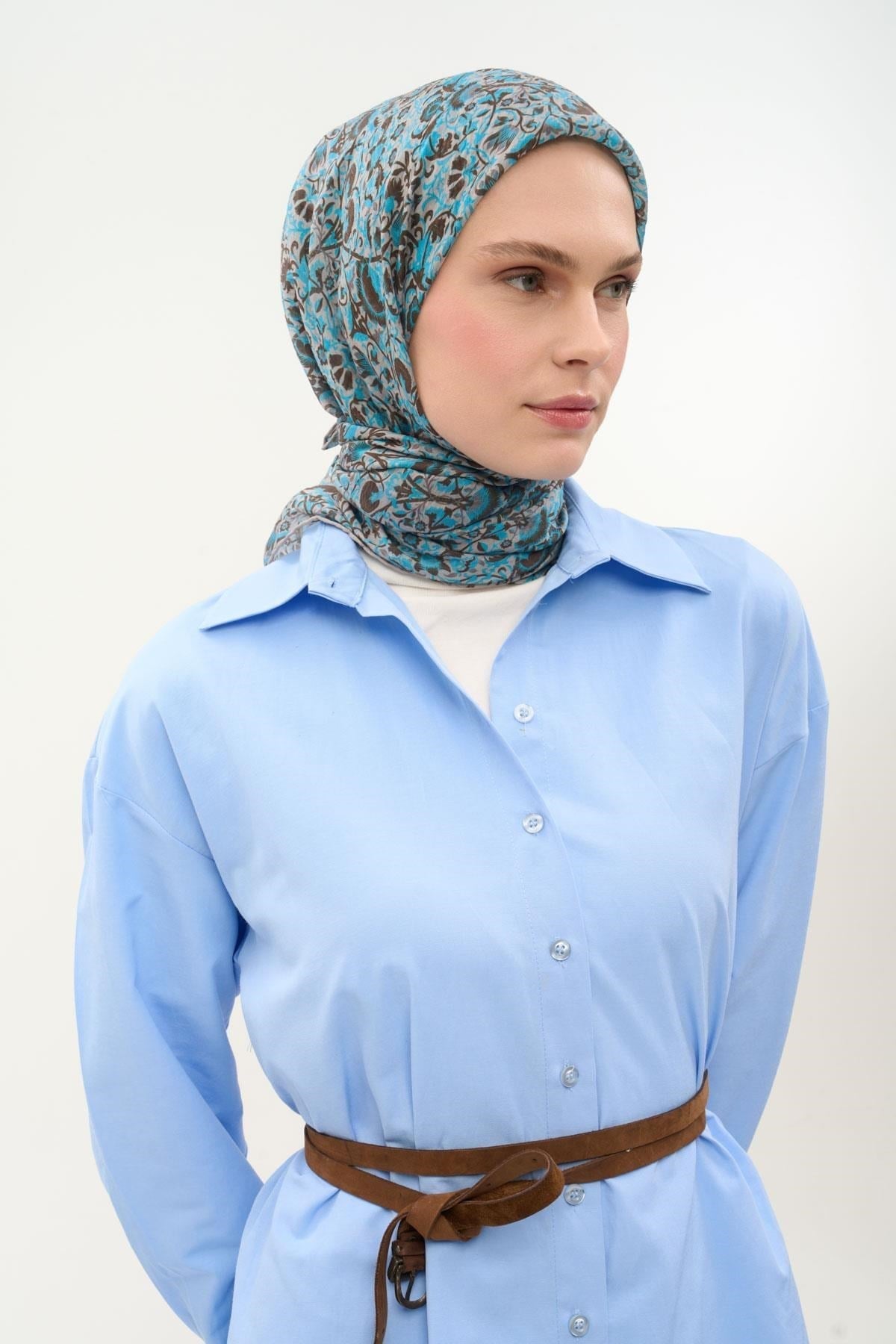 Tencel Monare Eşarp Saray Baharı Desen Gök Mavi 90X90