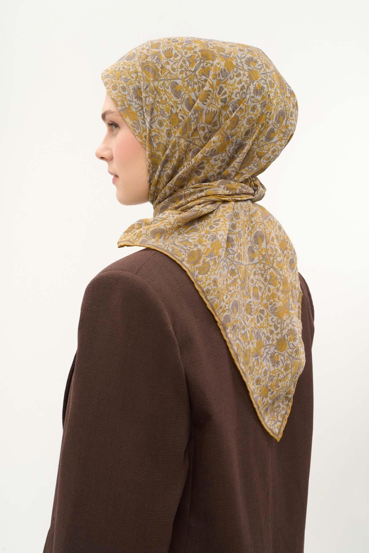 Tencel Monare Eşarp Saray Baharı Desen Gümüş 90X90