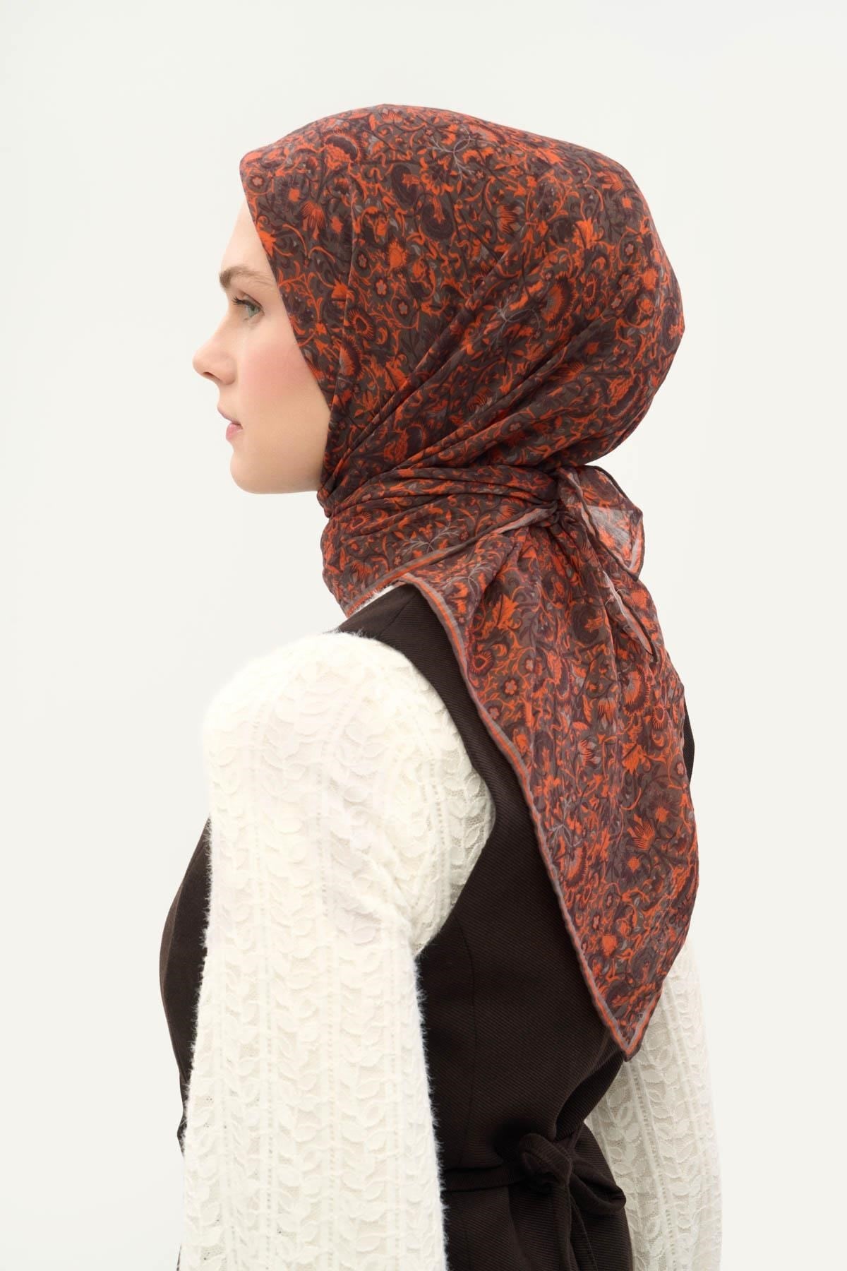 Tencel Monare Eşarp Saray Baharı Desen Koyu Vizon 90X90