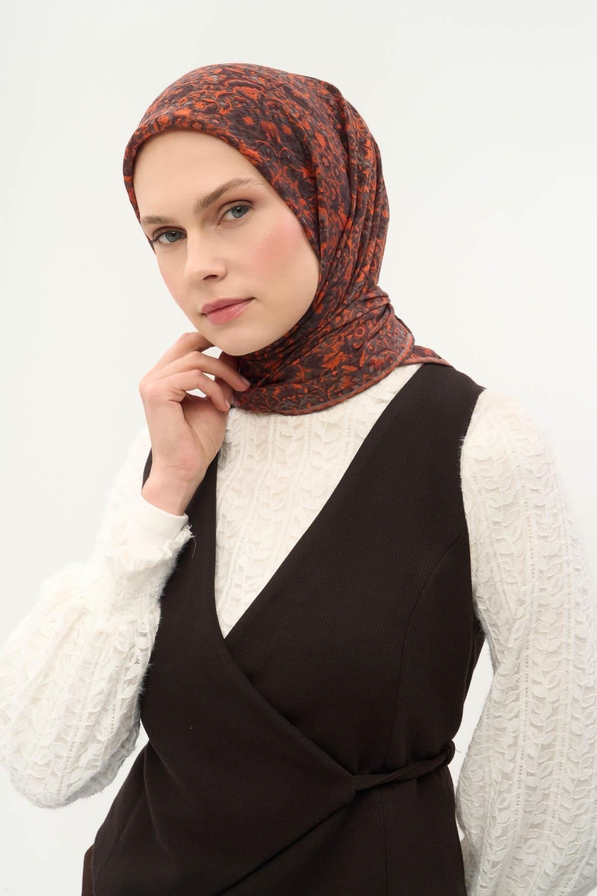 Tencel Monare Eşarp Saray Baharı Desen Koyu Vizon 90X90