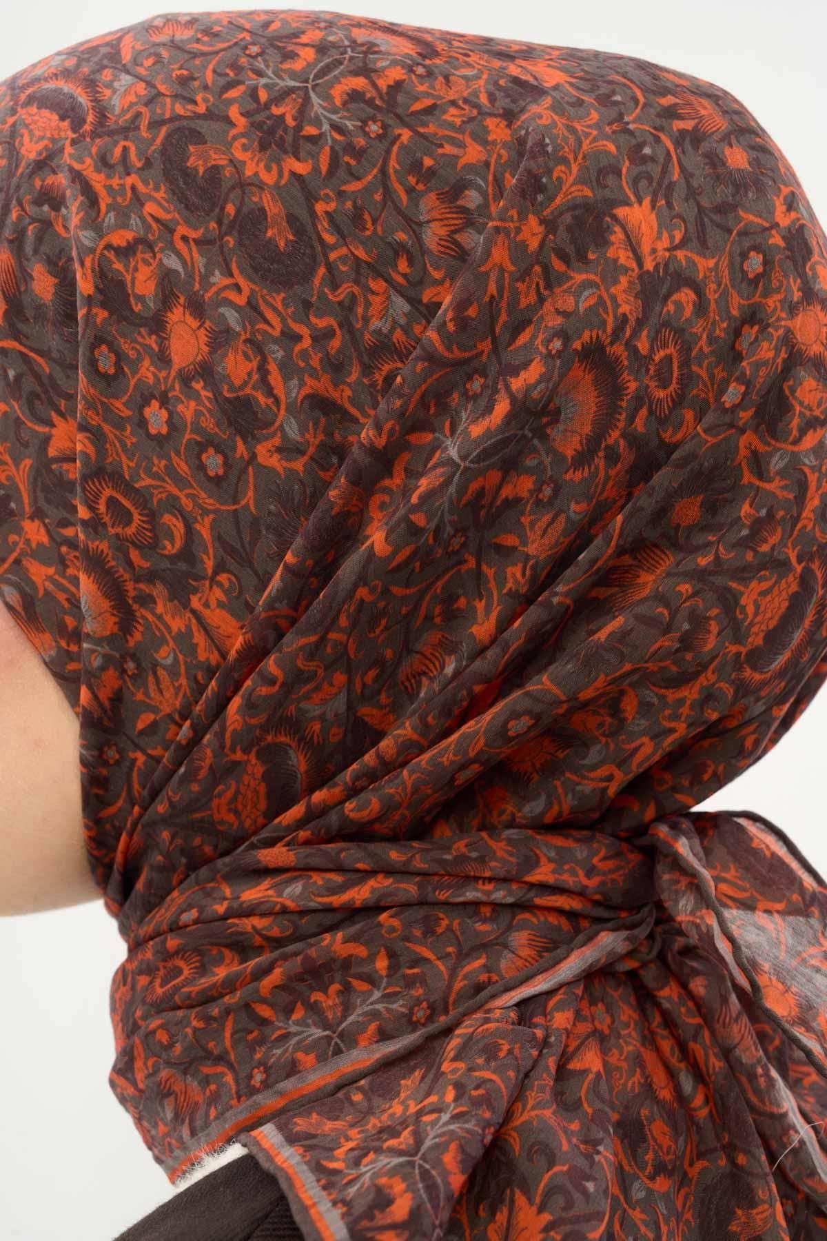 Tencel Monare Eşarp Saray Baharı Desen Koyu Vizon 90X90