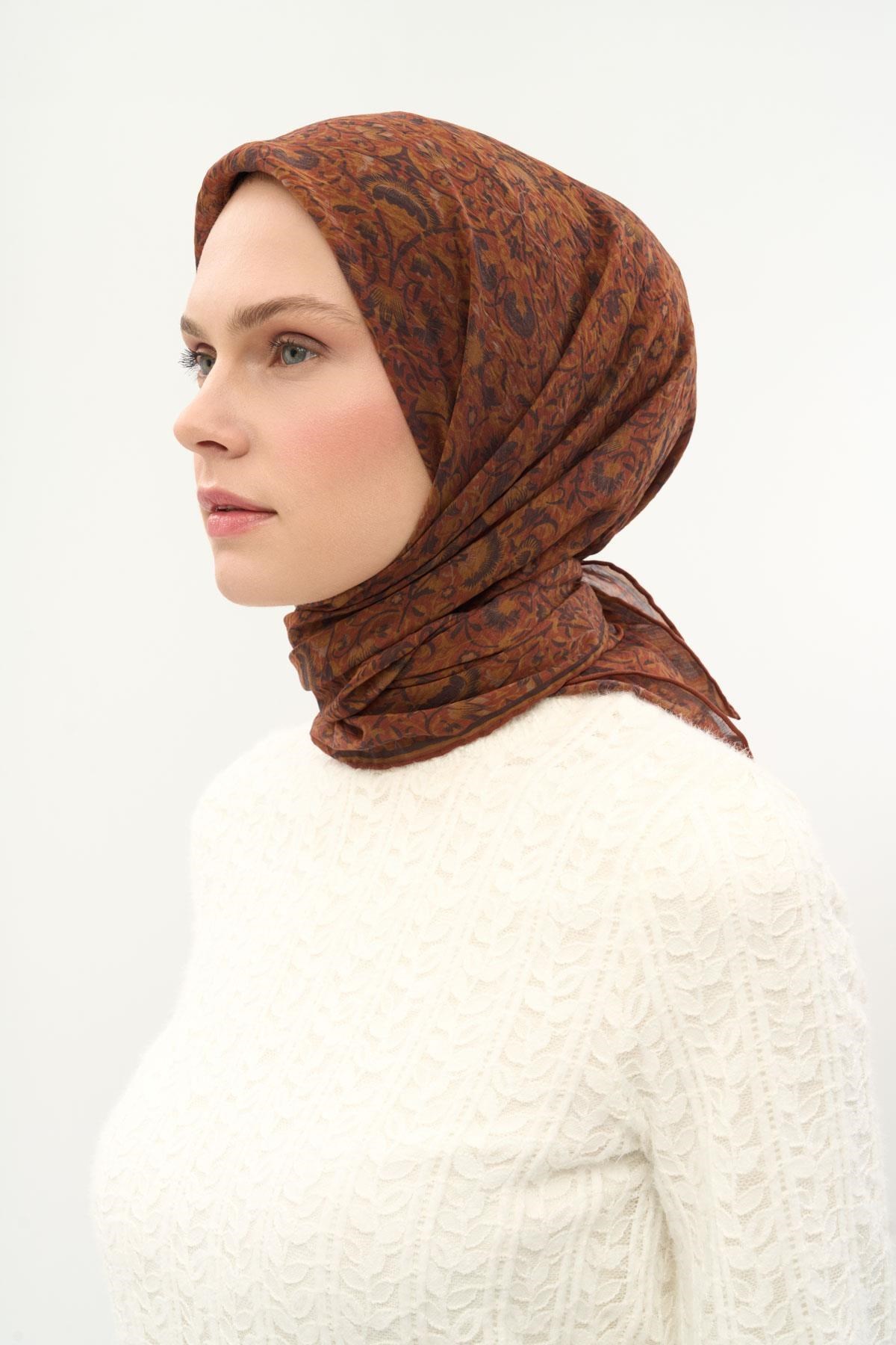 Tencel Monare Eşarp Saray Baharı Desen Koyu Turuncu 90X90