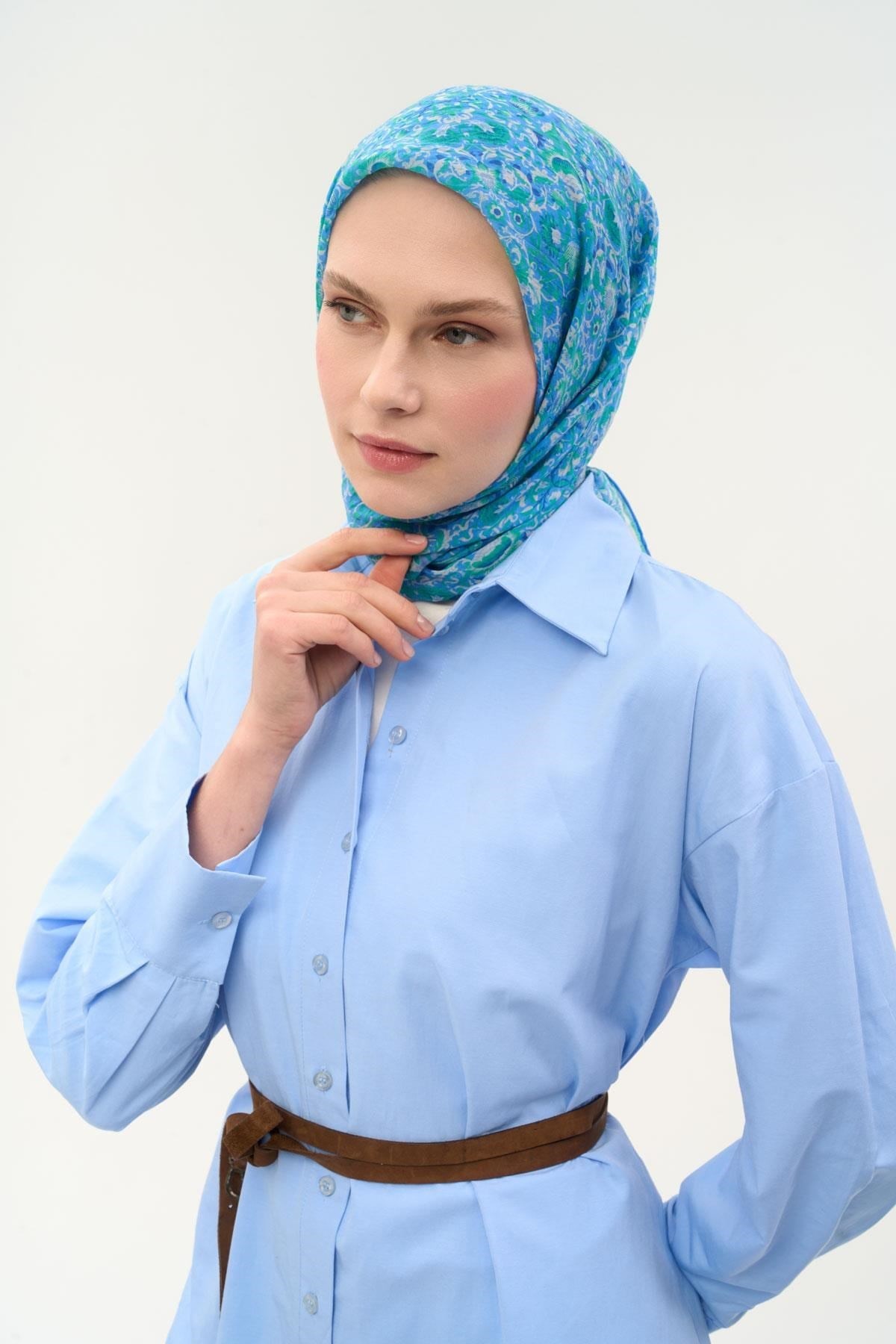 Tencel Monare Eşarp Saray Baharı Desen Mavi 90X90