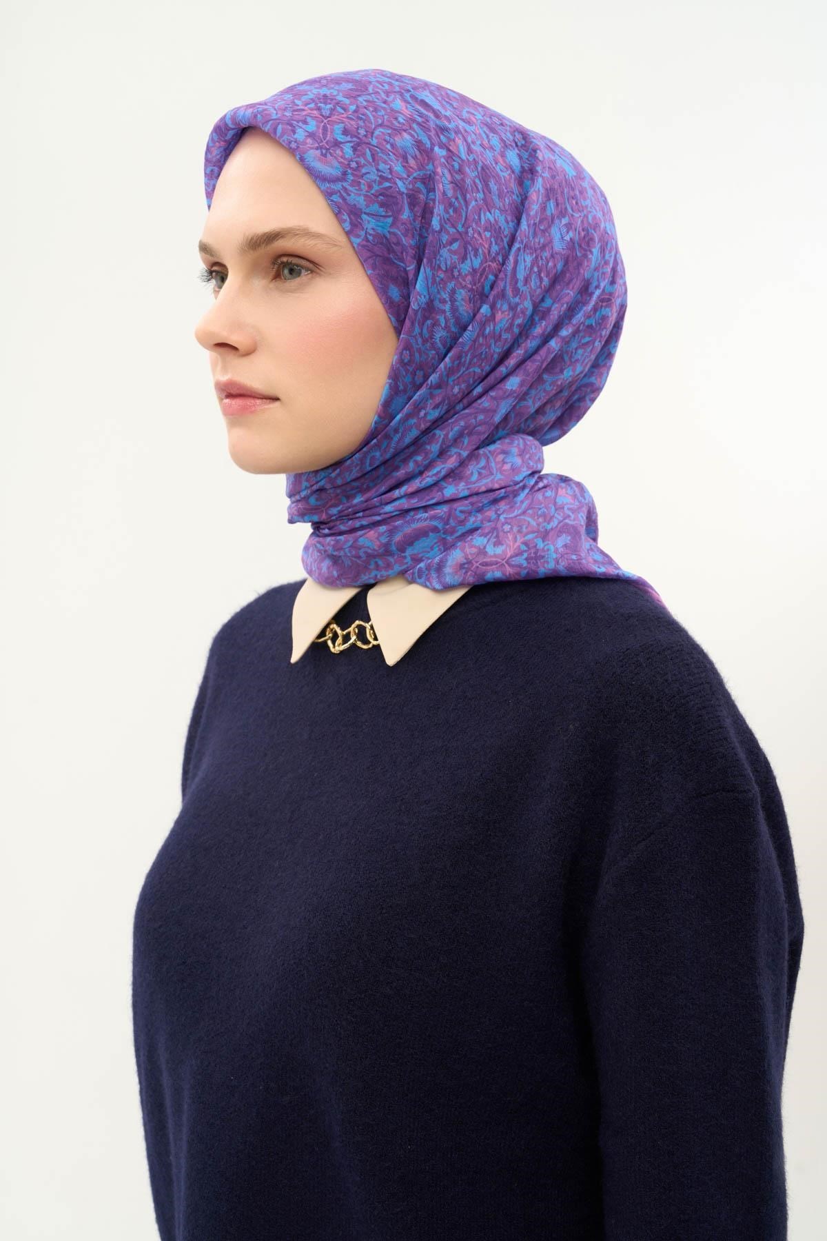 Tencel Monare Eşarp Saray Baharı Desen Mor 90X90