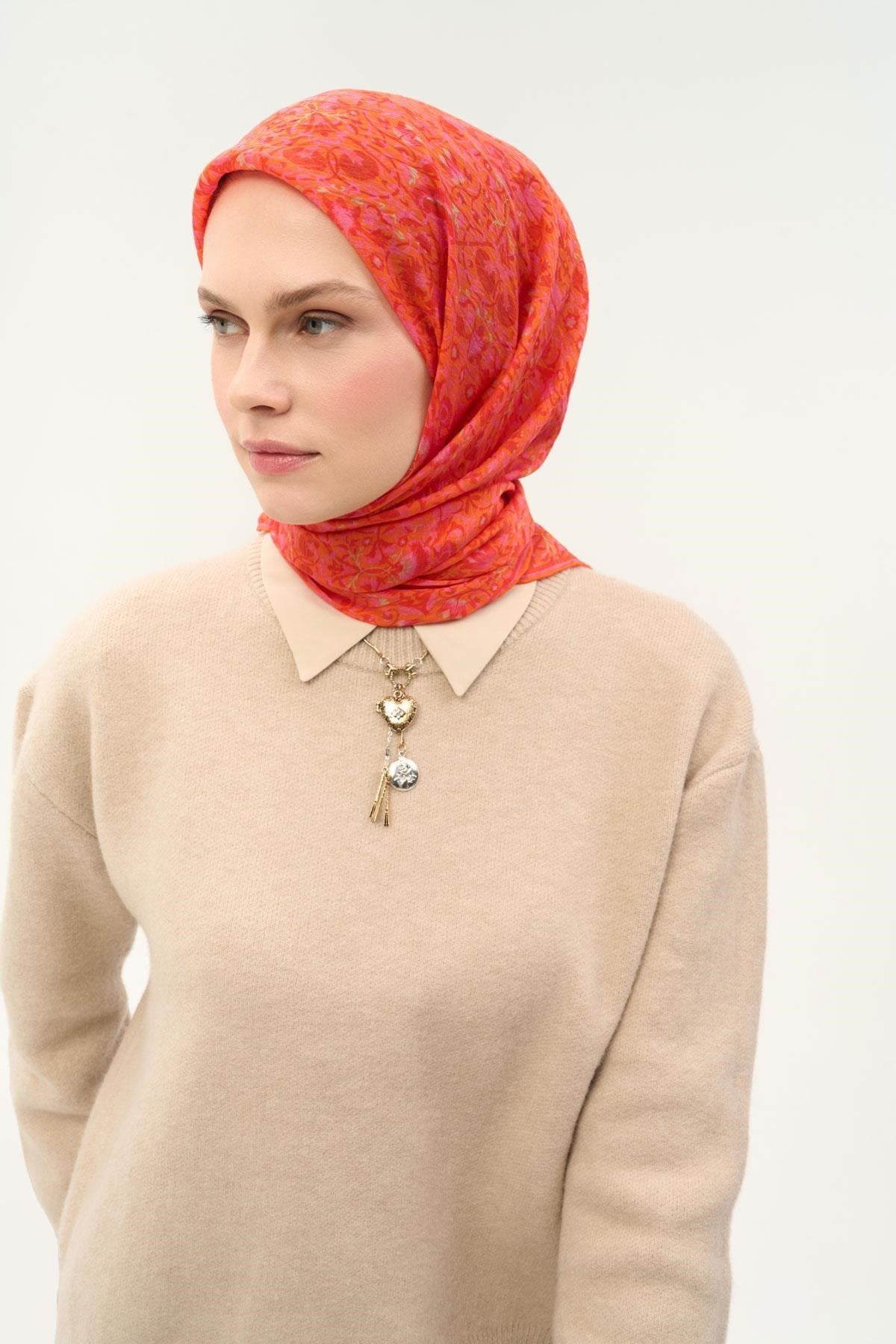 Tencel Monare Eşarp Saray Baharı Desen Somon Pembe 90X90