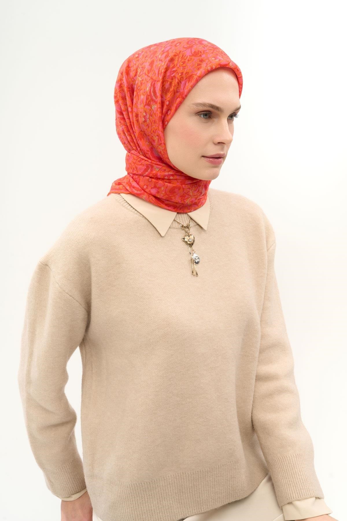 Tencel Monare Eşarp Saray Baharı Desen Somon Pembe 90X90