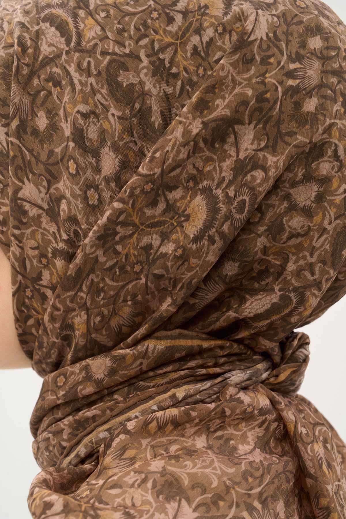 Tencel Monare Eşarp Saray Baharı Desen Sütlü Kahve 90X90