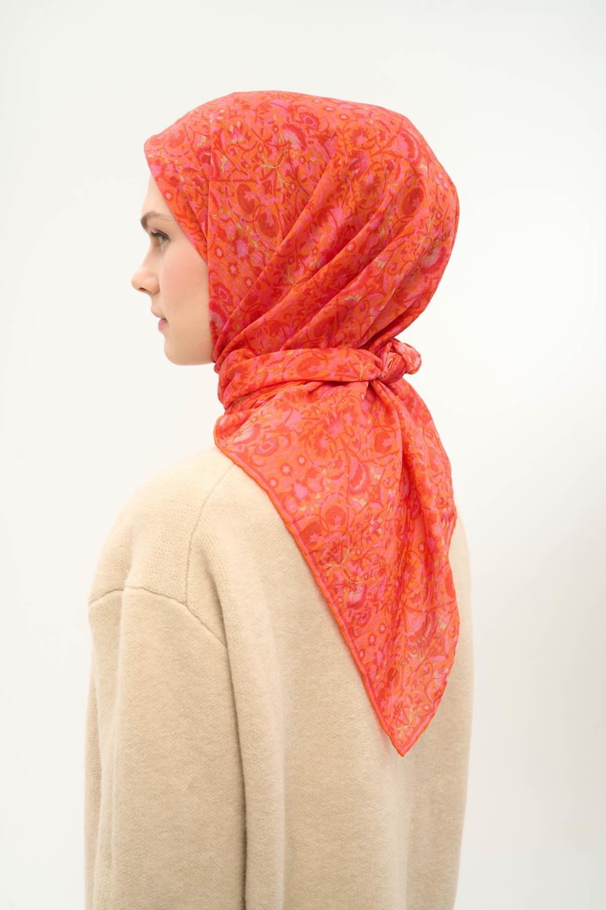 Tencel Monare Eşarp Saray Baharı Desen Somon Pembe 90X90