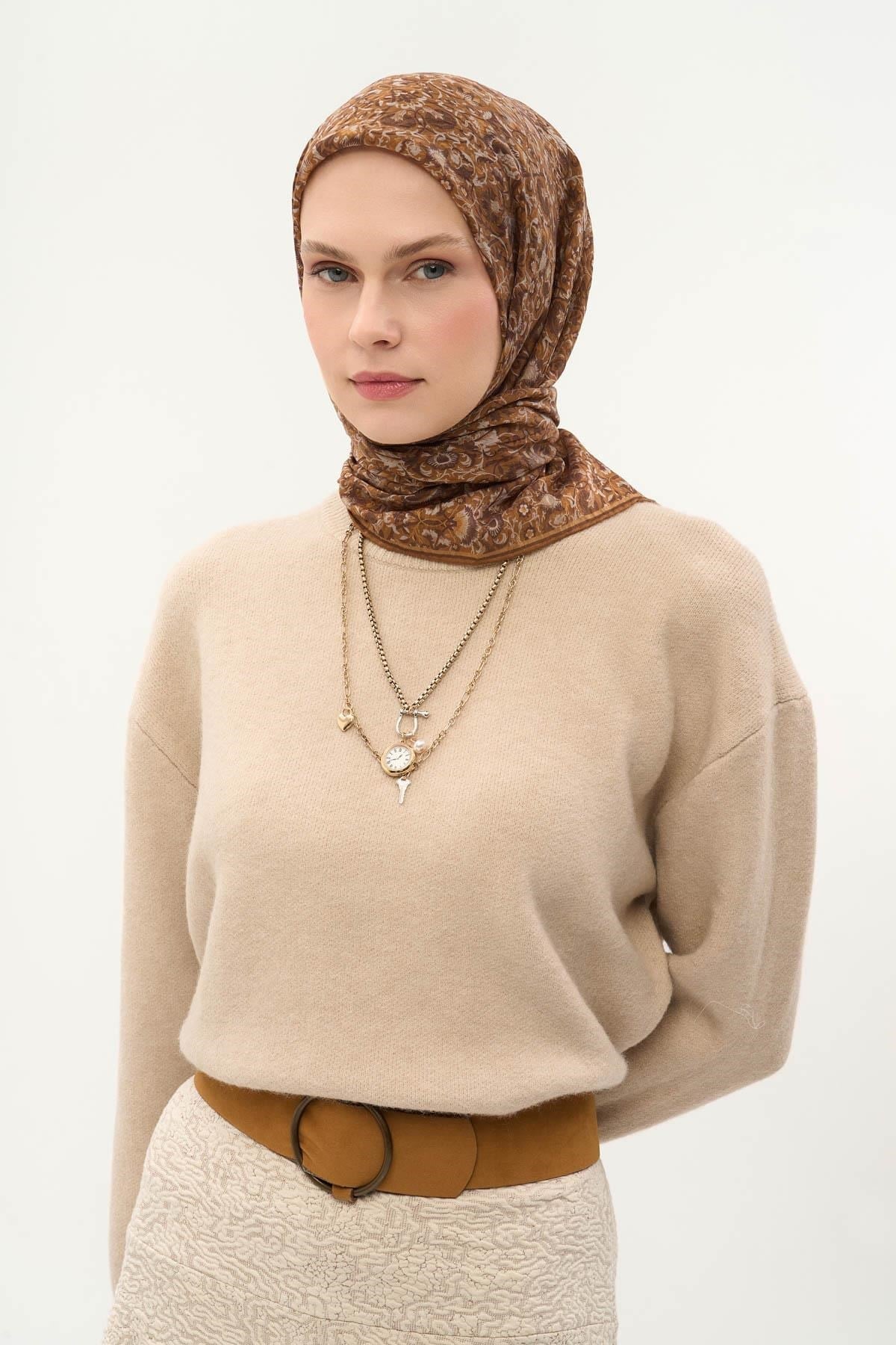 Tencel Monare Eşarp Saray Baharı Desen Taba 90X90