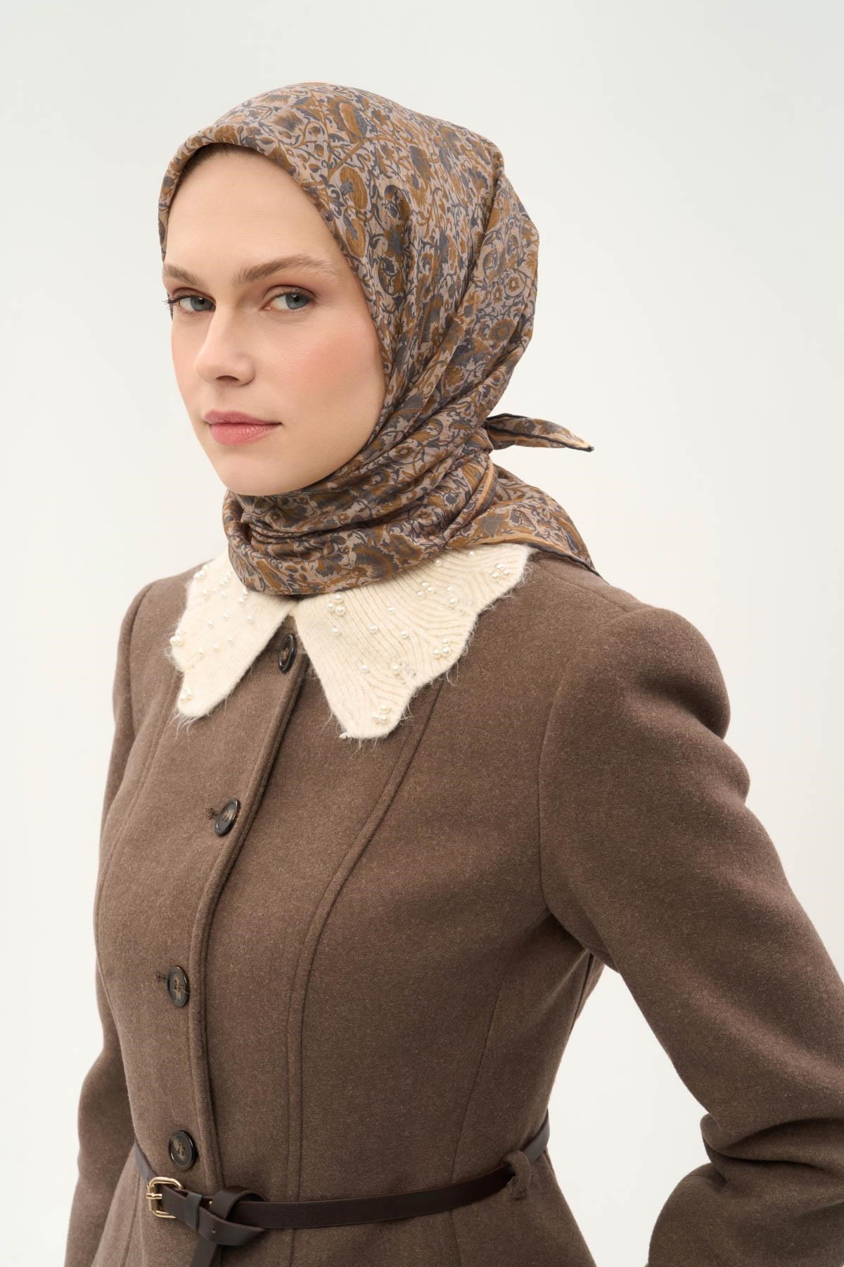 Tencel Monare Eşarp Saray Baharı Desen Uçuk Vizon 90X90