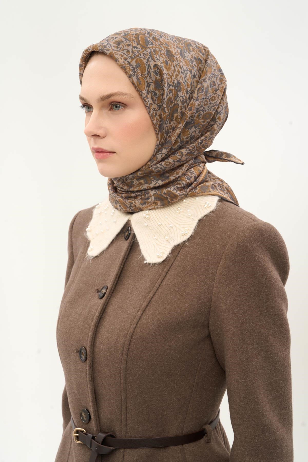 Tencel Monare Eşarp Saray Baharı Desen Uçuk Vizon 90X90