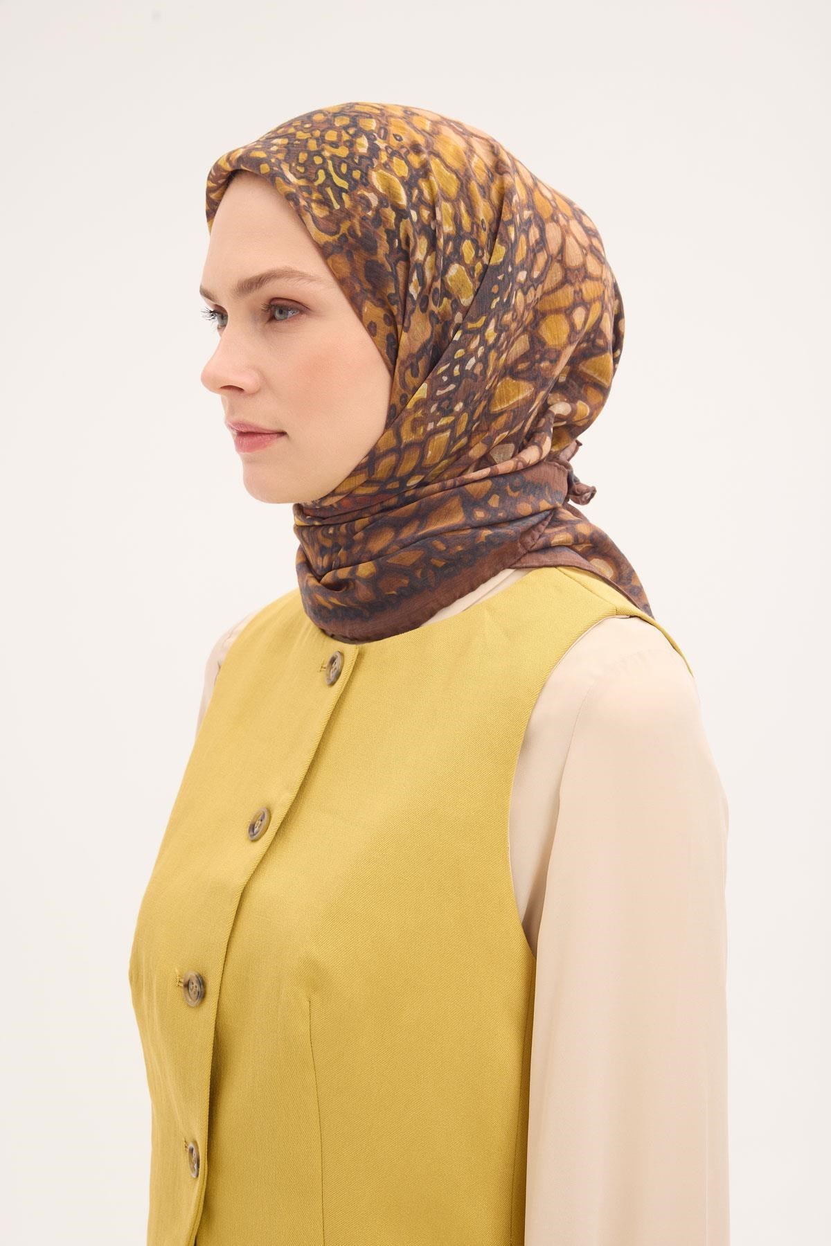 Tencel Monare Eşarp Taş Desen Kahverengi 90x90