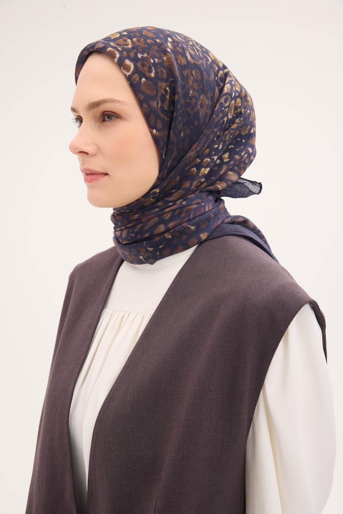 Tencel Monare Eşarp Taş Desen Koyu Lacivert 90x90