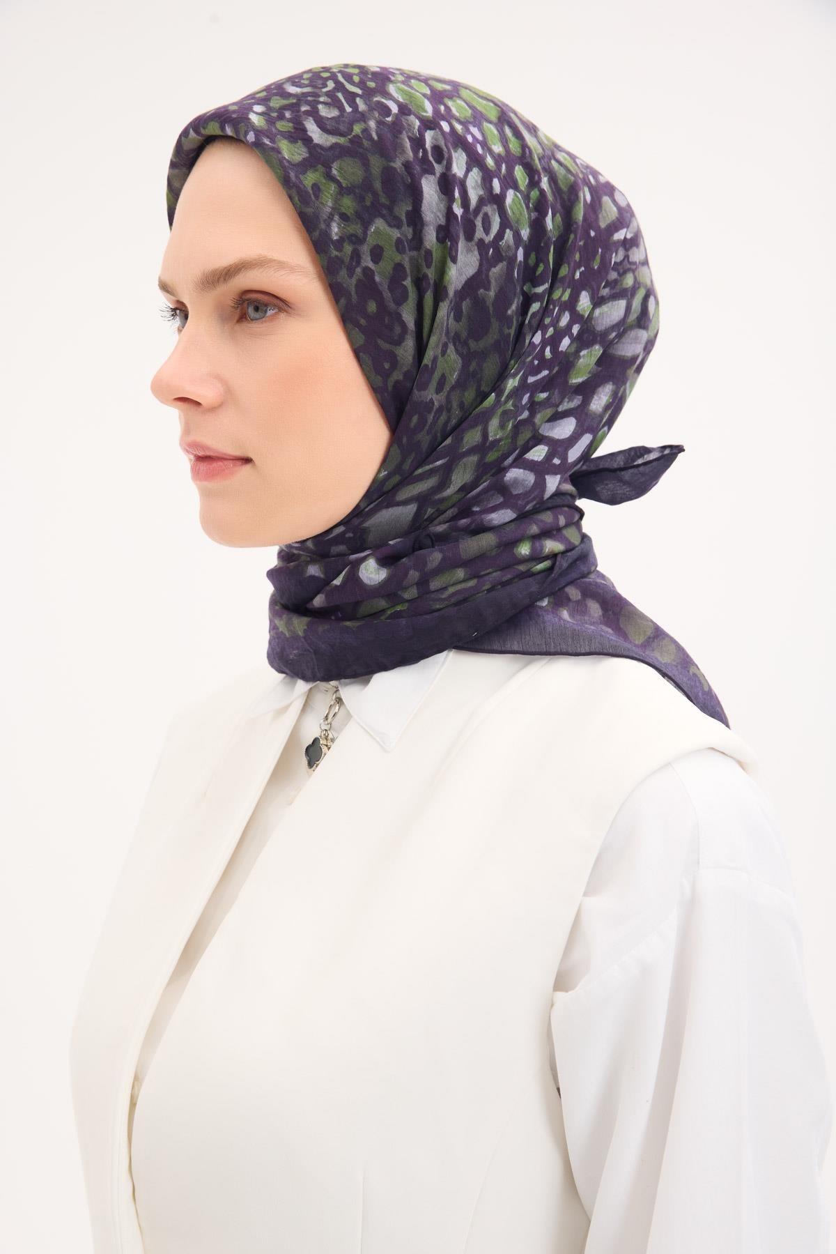 Tencel Monare Eşarp Taş Desen Koyu Mor 90x90