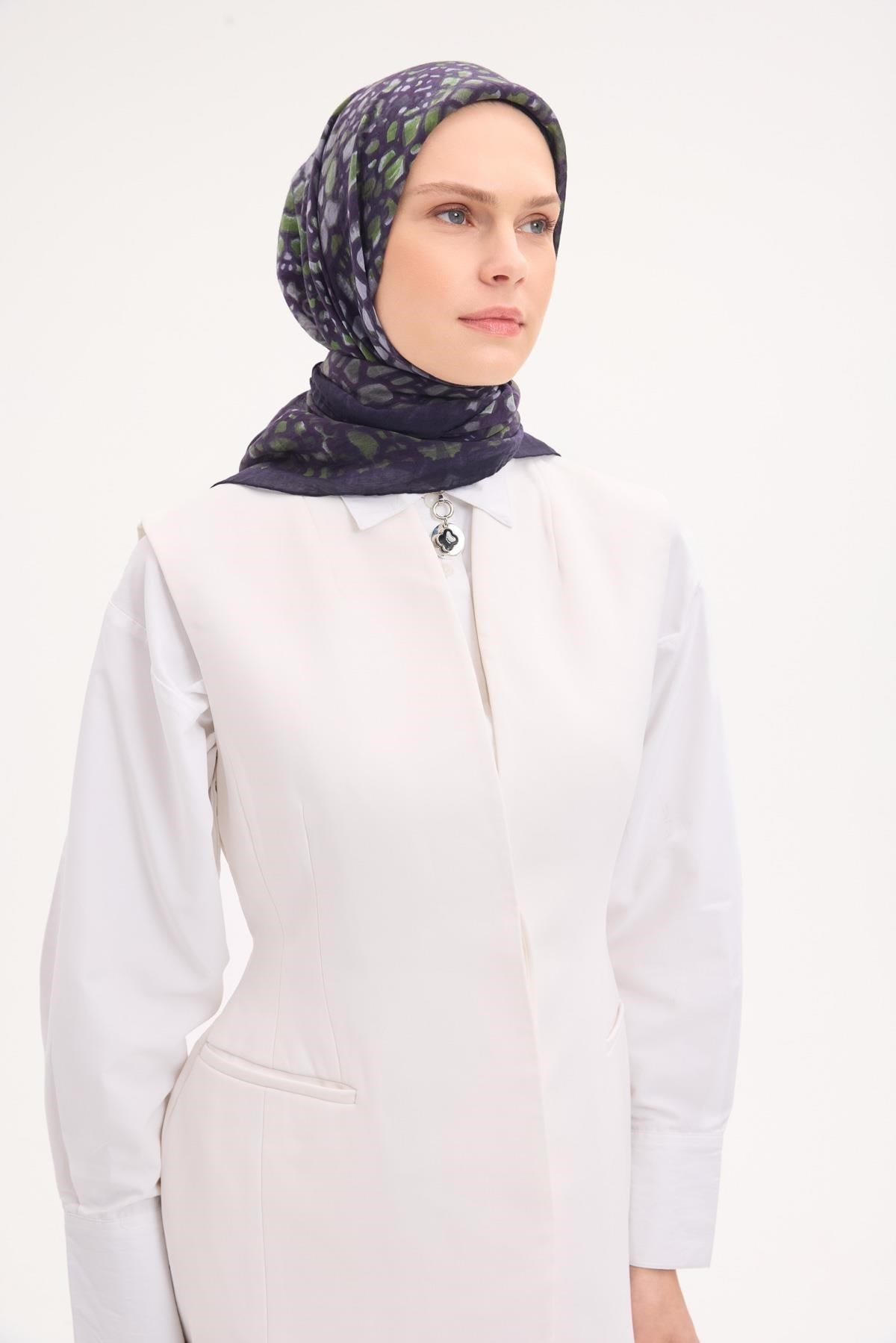 Tencel Monare Eşarp Taş Desen Koyu Mor 90x90