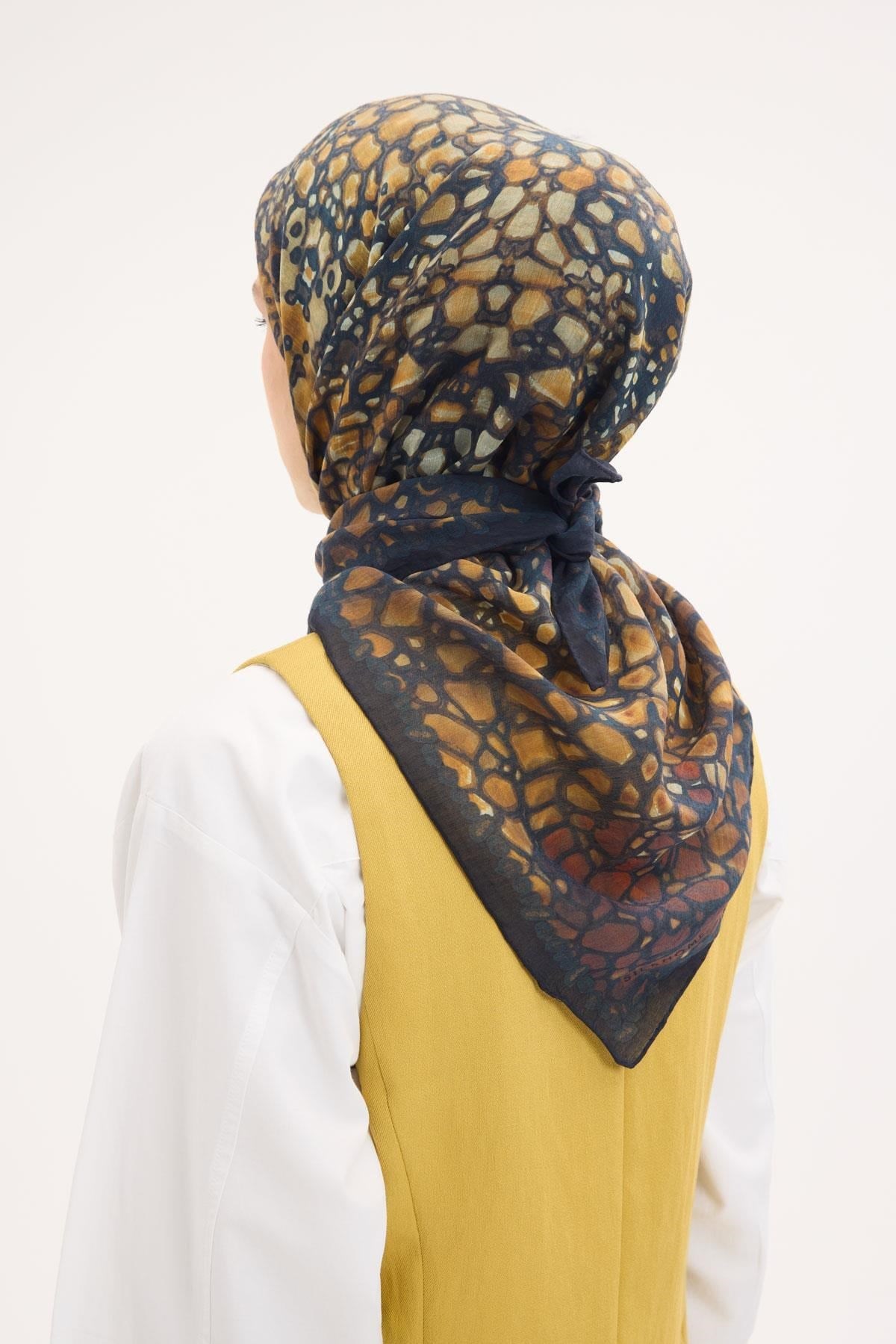 Tencel Monare Eşarp Taş Desen Lacivert 90x90