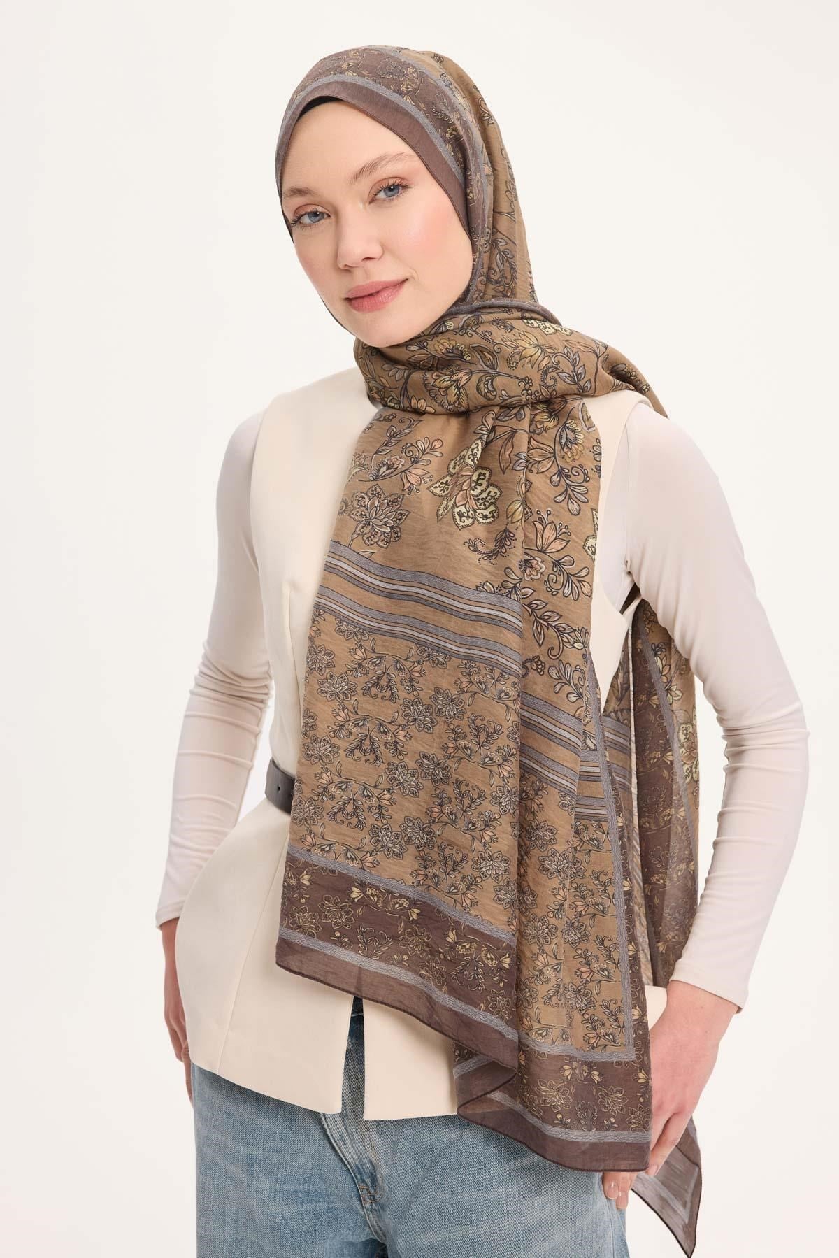 Tencel Monare Şal Acı Kahve Çiçek Desen 75x195
