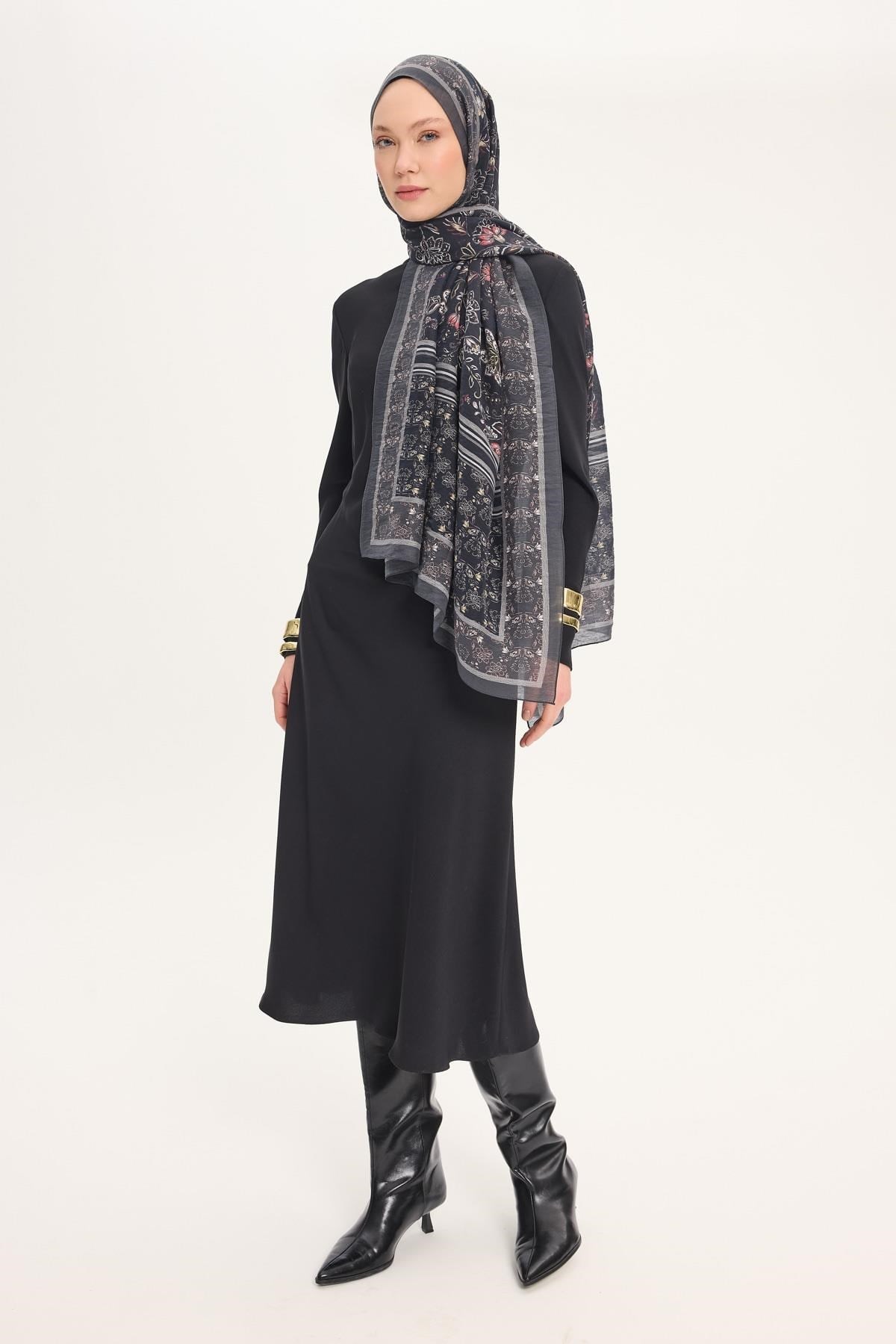 Tencel Monare Şal Antrasit Çiçek Desen 75x195