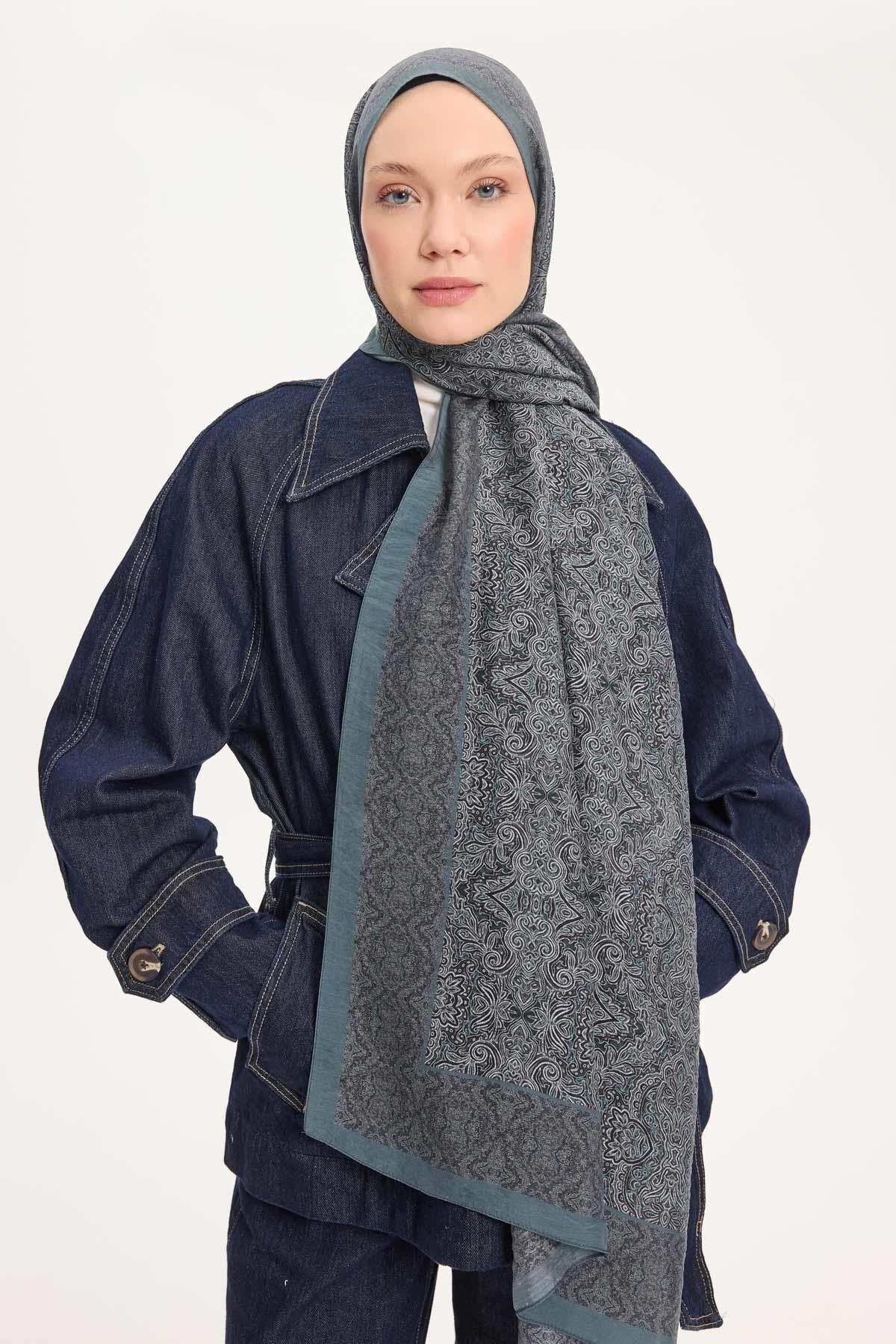 Tencel Monare Şal Antrasit Etnik Desen 75x195