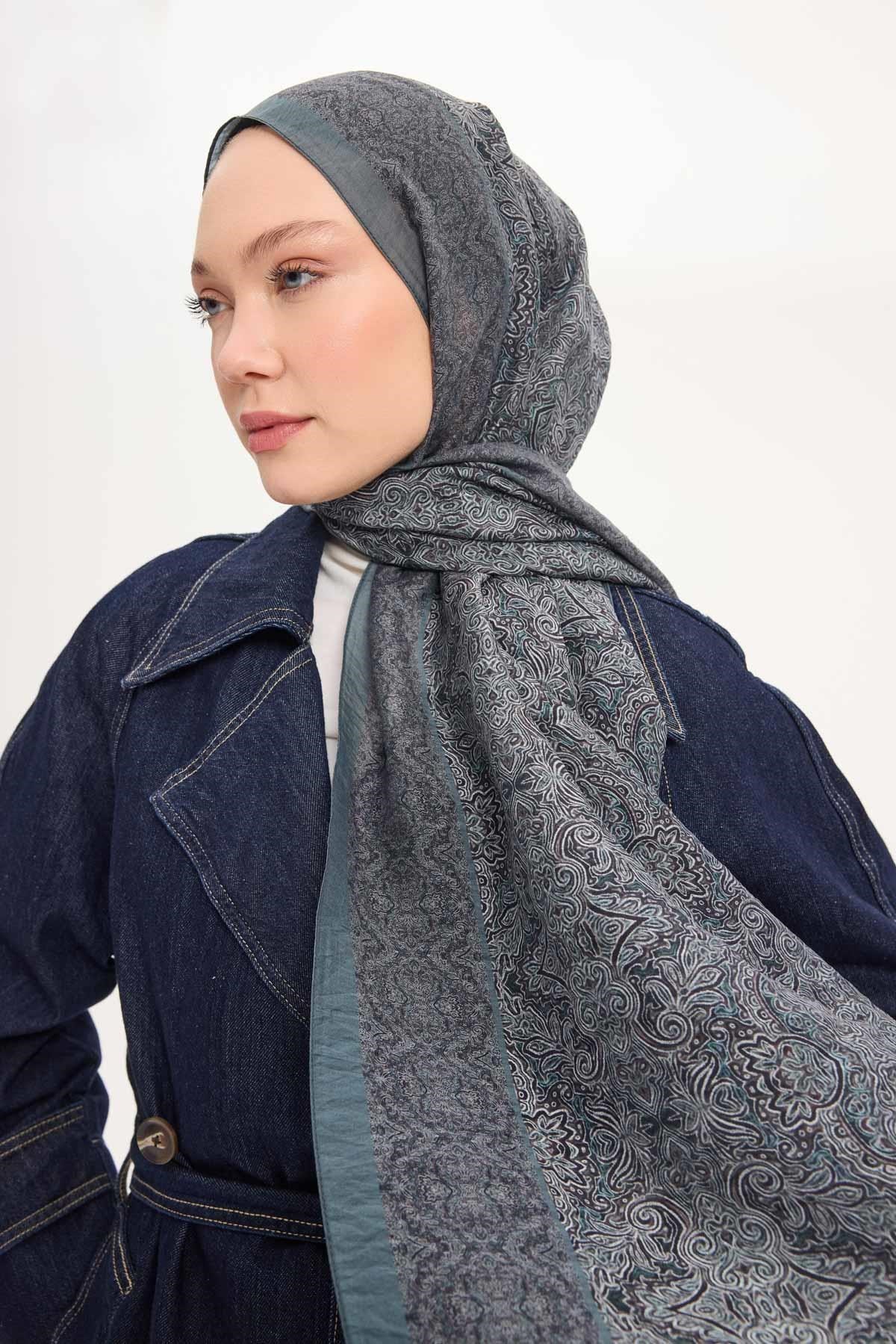 Tencel Monare Şal Antrasit Etnik Desen 75x195