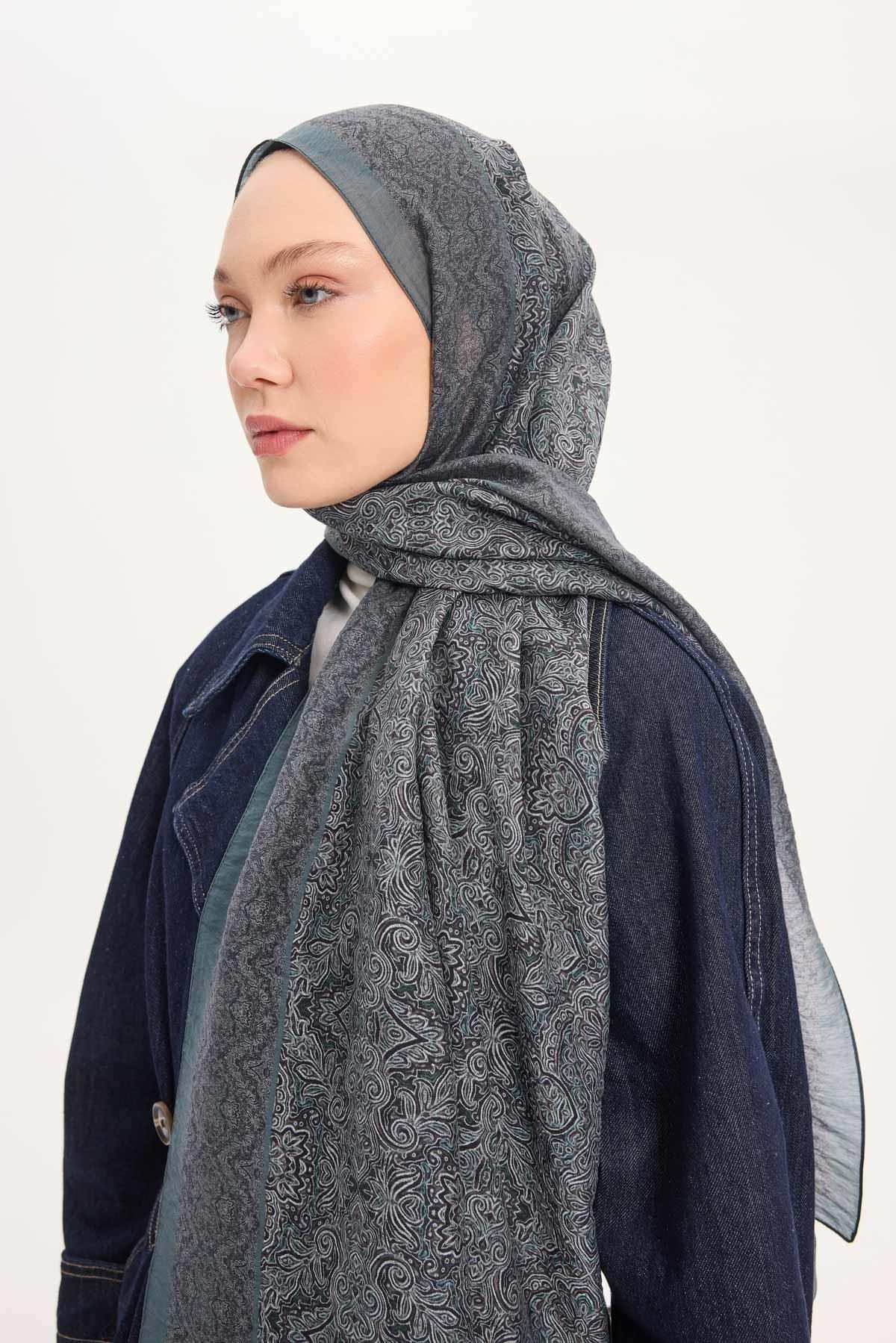 Tencel Monare Şal Antrasit Etnik Desen 75x195