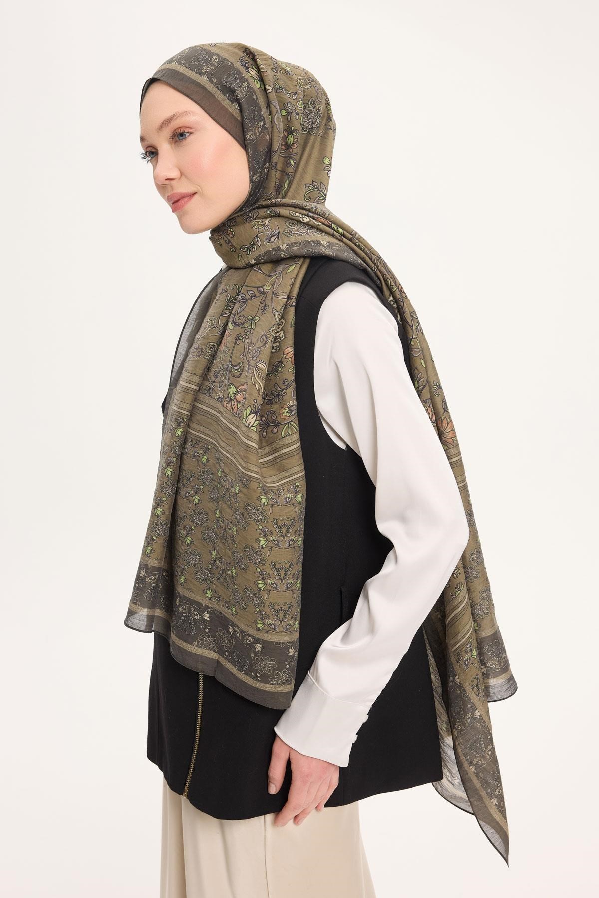 Tencel Monare Şal Asker Yeşili Çiçek Desen 75x195