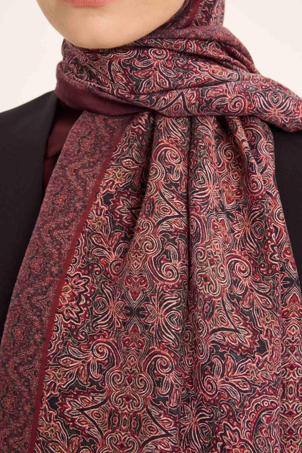 Tencel Monare Şal Bordo Etnik Desen 75x195