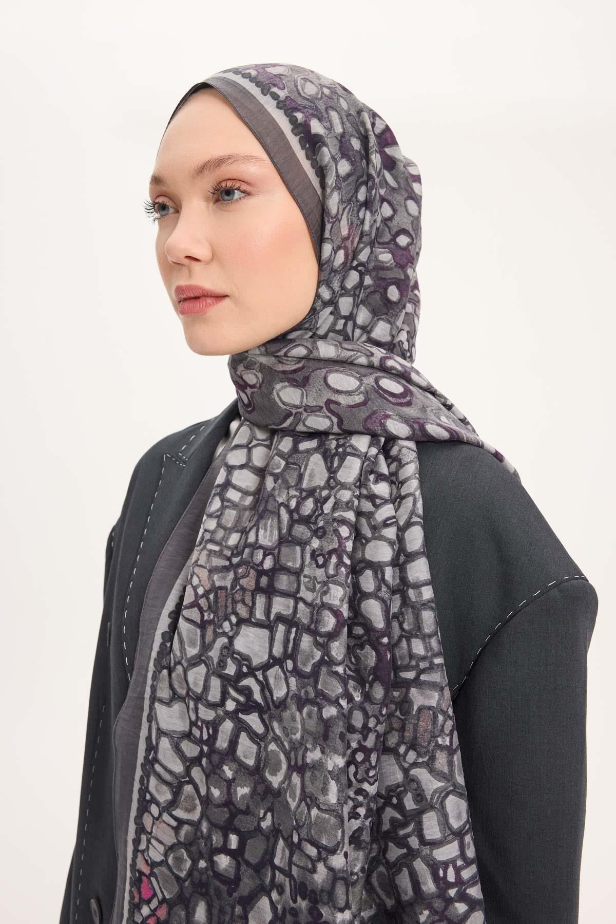 Tencel Monare Şal Gri Taş Desen 75x195