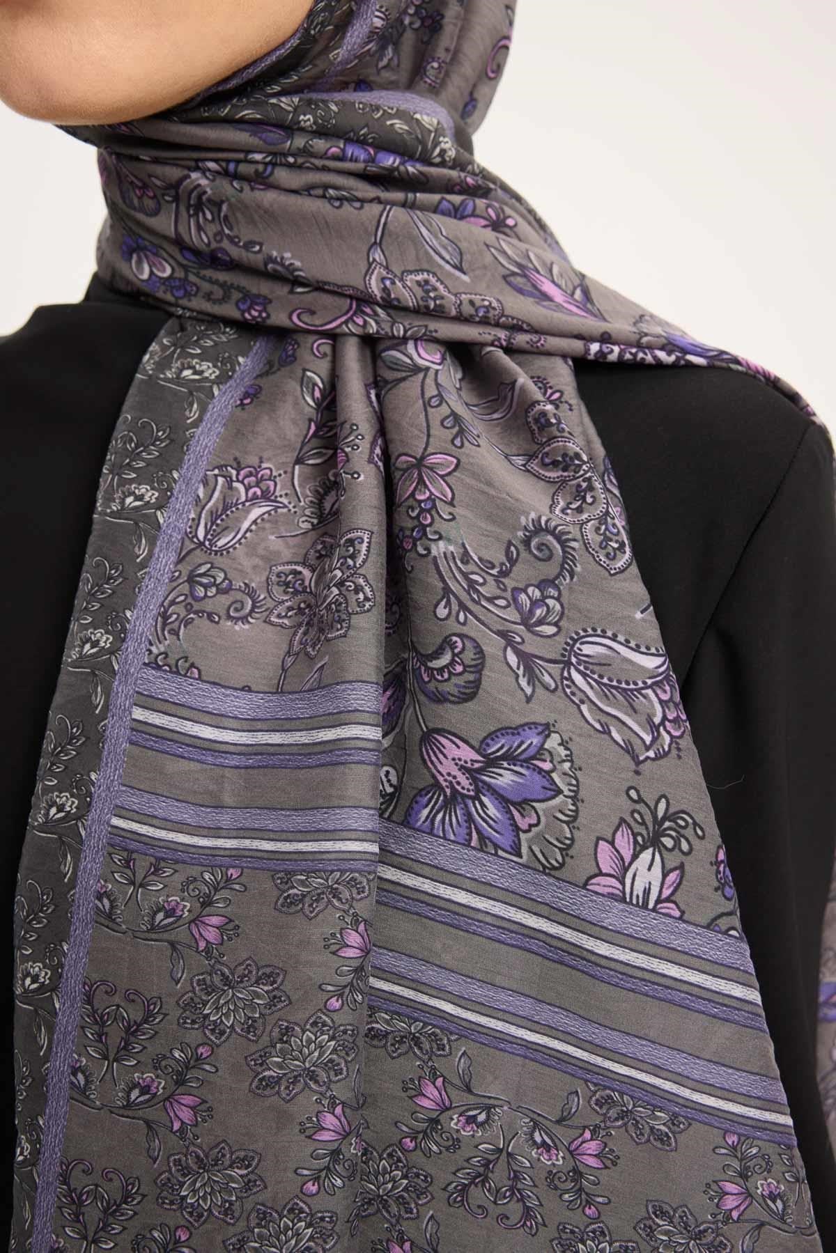 Tencel Monare Şal Koyu Gri Çiçek Desen 75x195