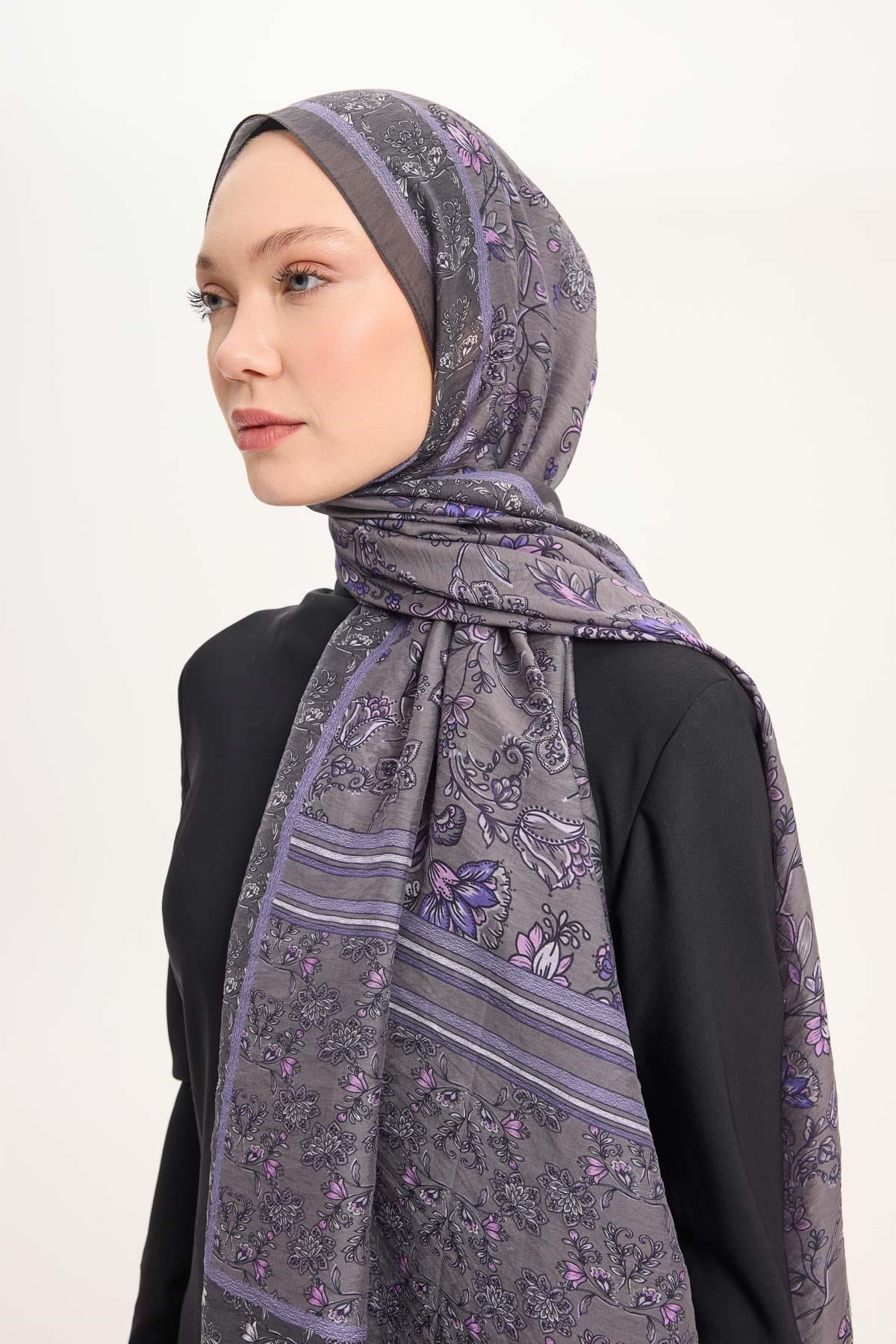 Tencel Monare Şal Koyu Gri Çiçek Desen 75x195