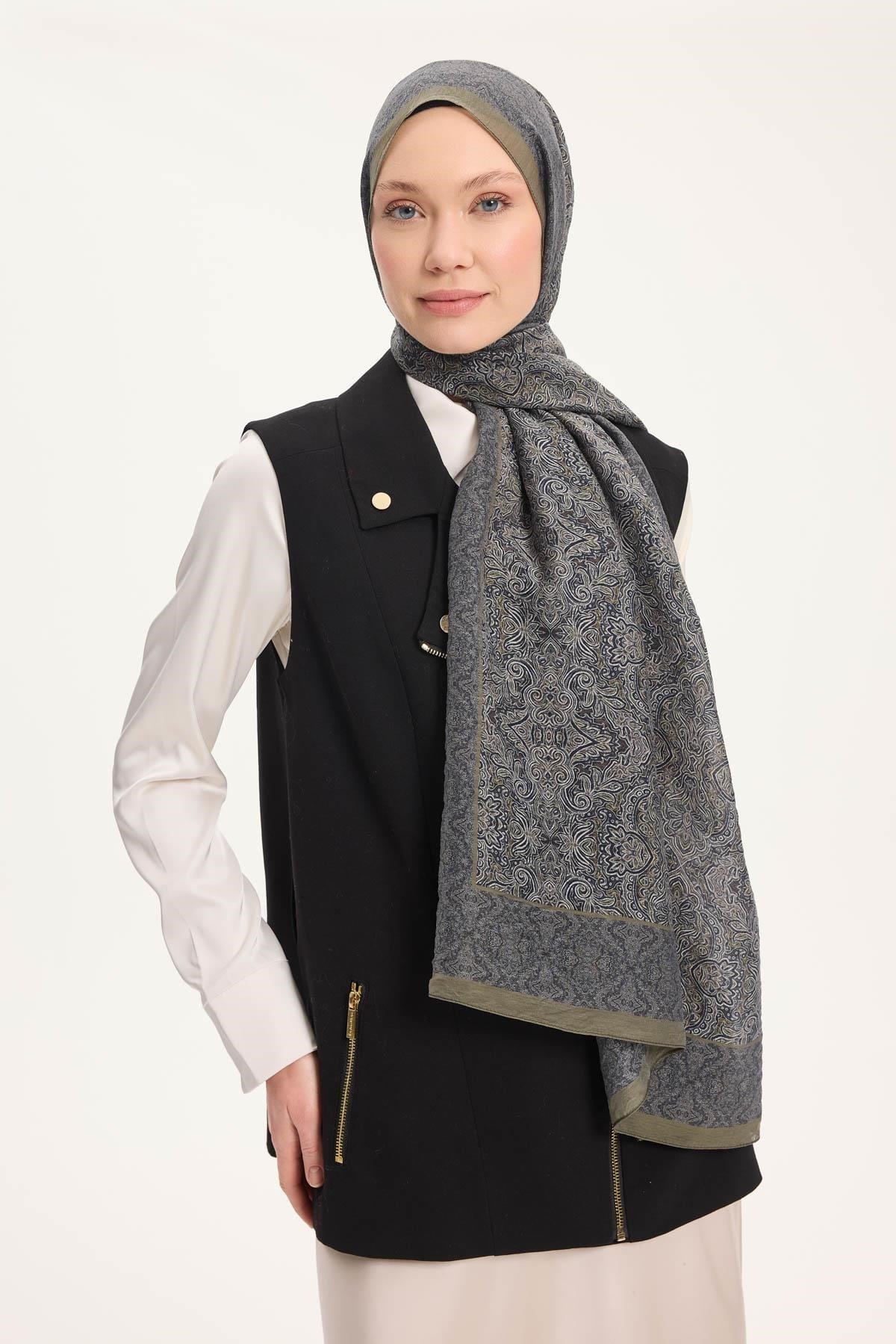 Tencel Monare Şal Koyu Lacivert Etnik Desen 75x195