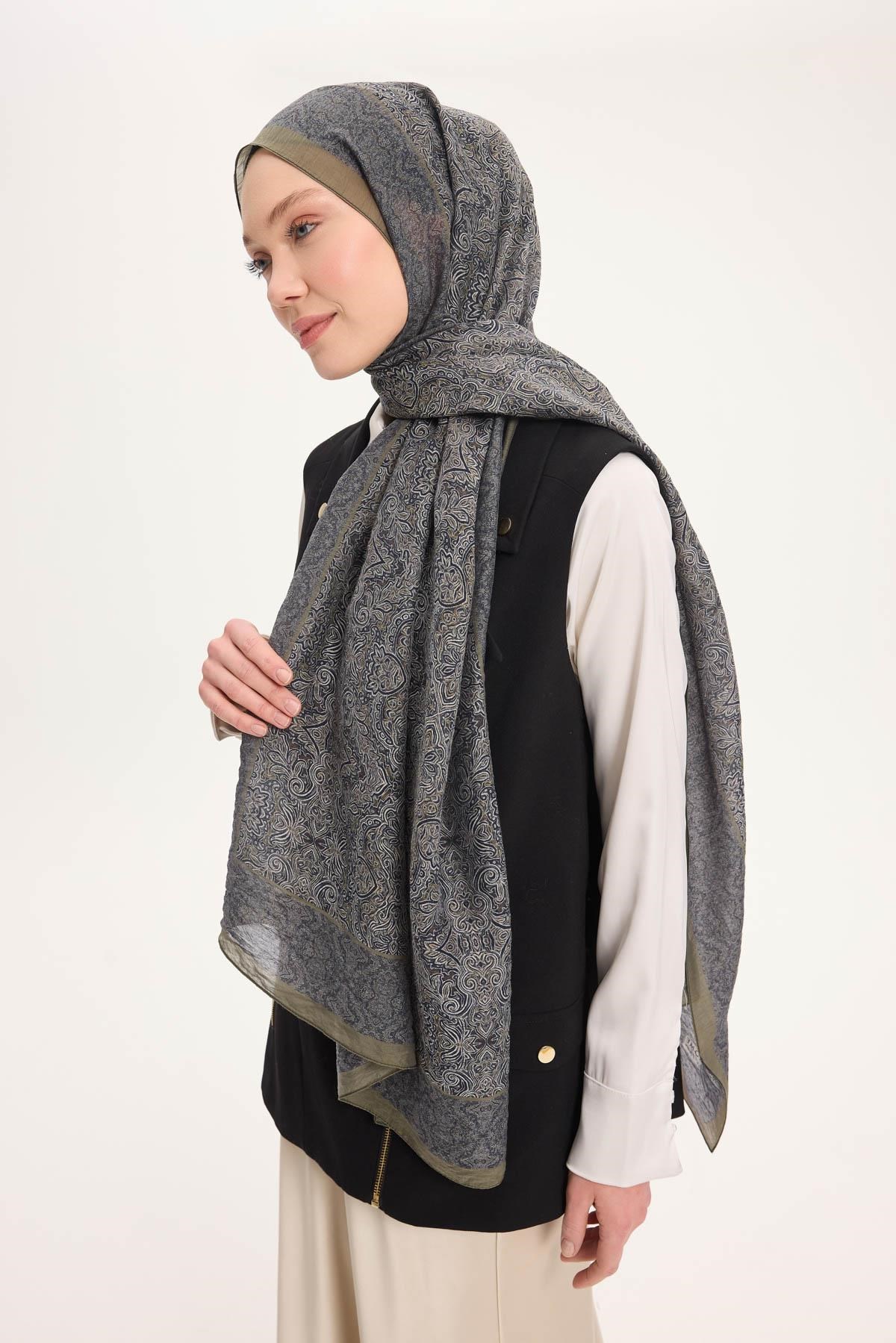 Tencel Monare Şal Koyu Lacivert Etnik Desen 75x195