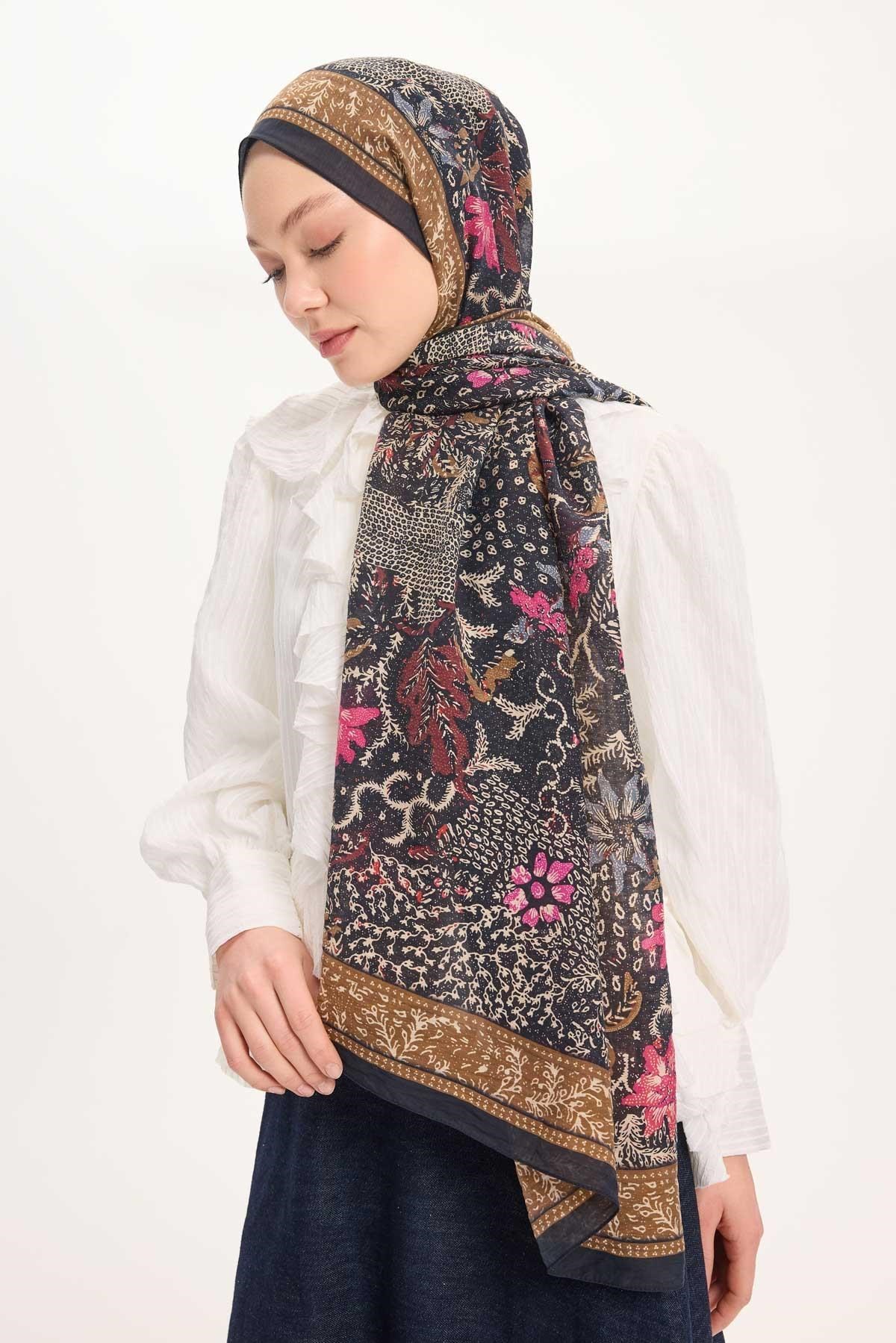 Tencel Monare Şal Koyu Lacivert Vintage Botanik Desen 75x195