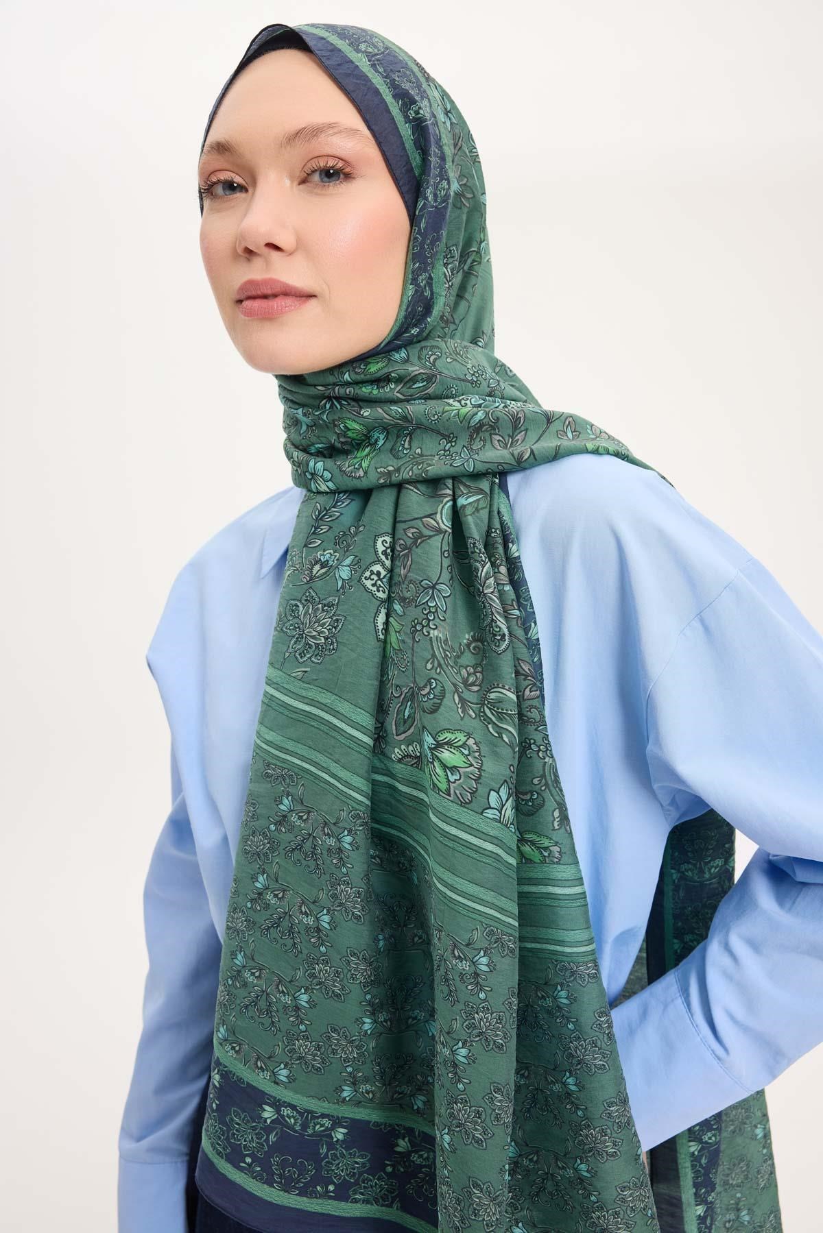Tencel Monare Şal Koyu Mavi Çiçek Desen 75x195